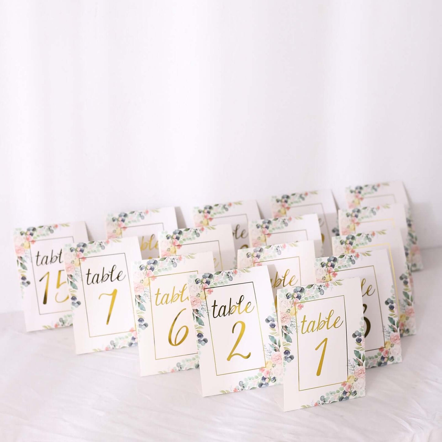 25-Pack Paper Wedding Table Numbers 1-25 White Peony Flower Design - Free Standing Double Sided Table Signs with Glam Gold Foil Numbers 7"