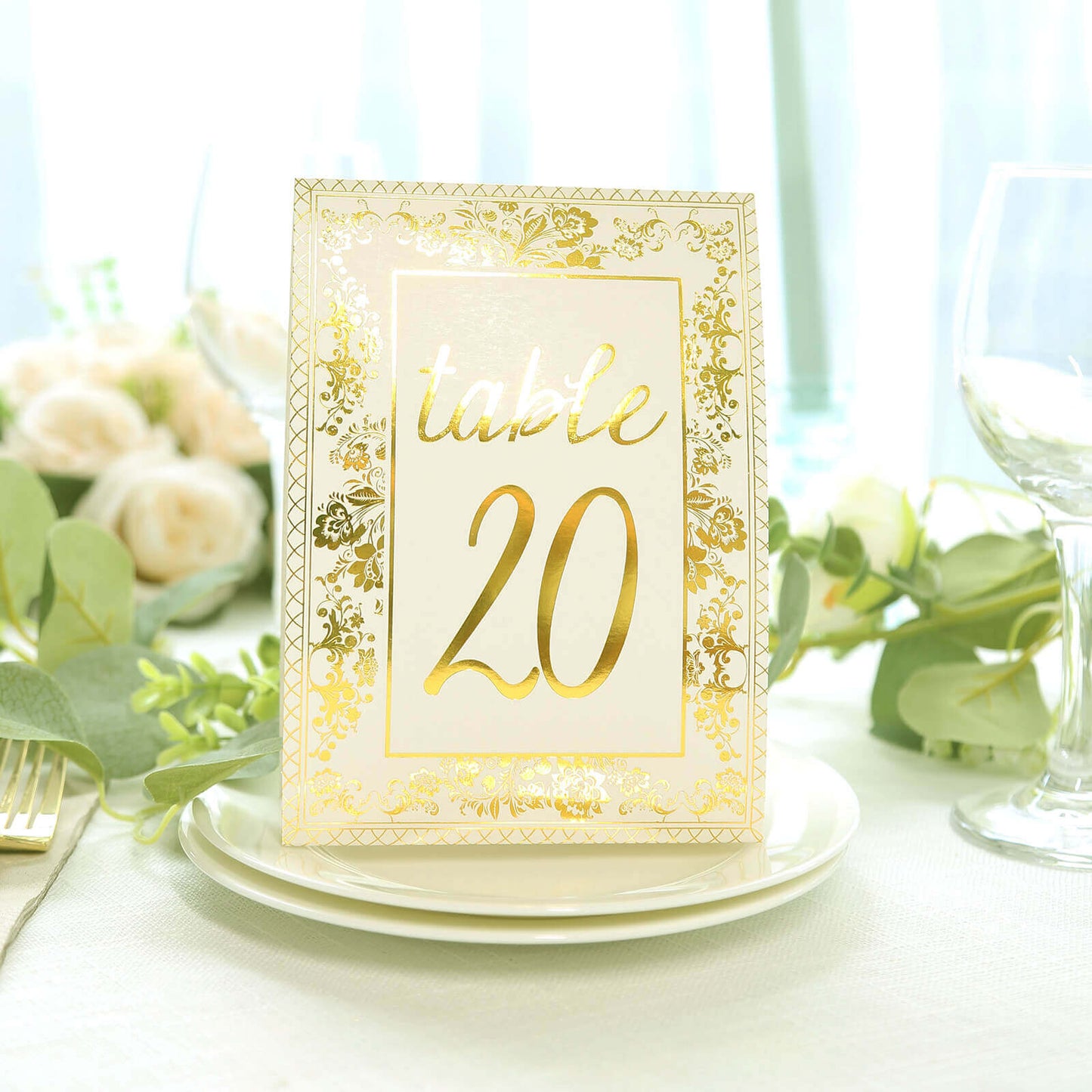 25-Pack Paper Wedding Table Numbers 1-25 White/Metallic Gold French Toile Design with Glam Gold Foil Numbers 7"