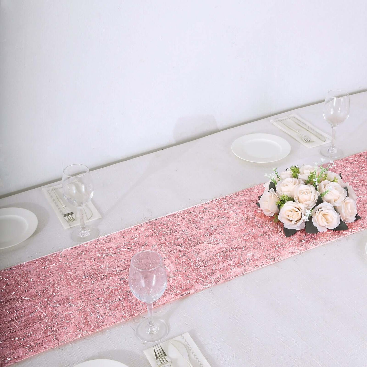Metallic Tinsel Polyester 12"x108" Table Runner Rose Gold - Shimmery Fringe Shag Table Decor