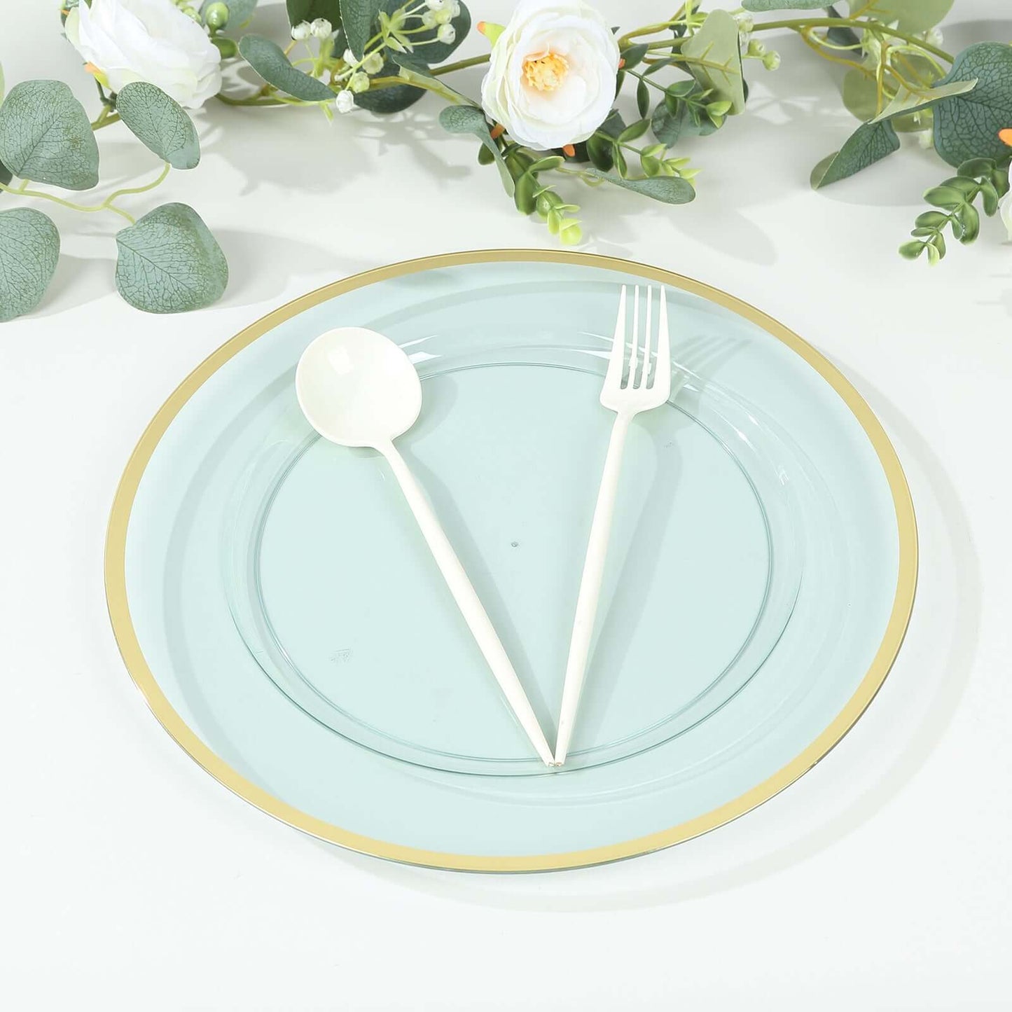10-Pack Economy Plastic Round Charger Plates 12" in Transparent Blue with Wide Gold Rim, Decorative Dinner Party Serving Plates