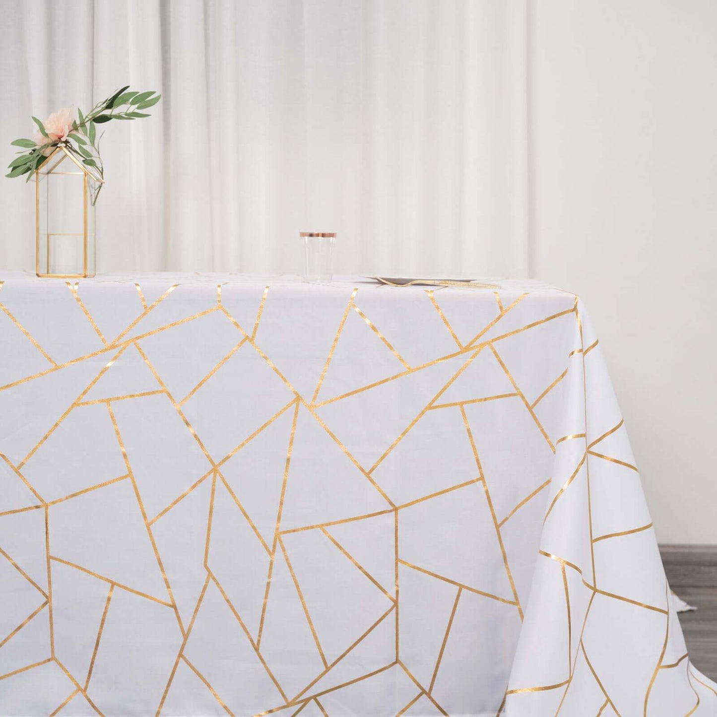 Polyester 90"x132" Rectangle Tablecloth White Seamless with Gold Foil Geometric Pattern - Wrinkle-Resistant Seamless Table Cover for Sophisticated Events