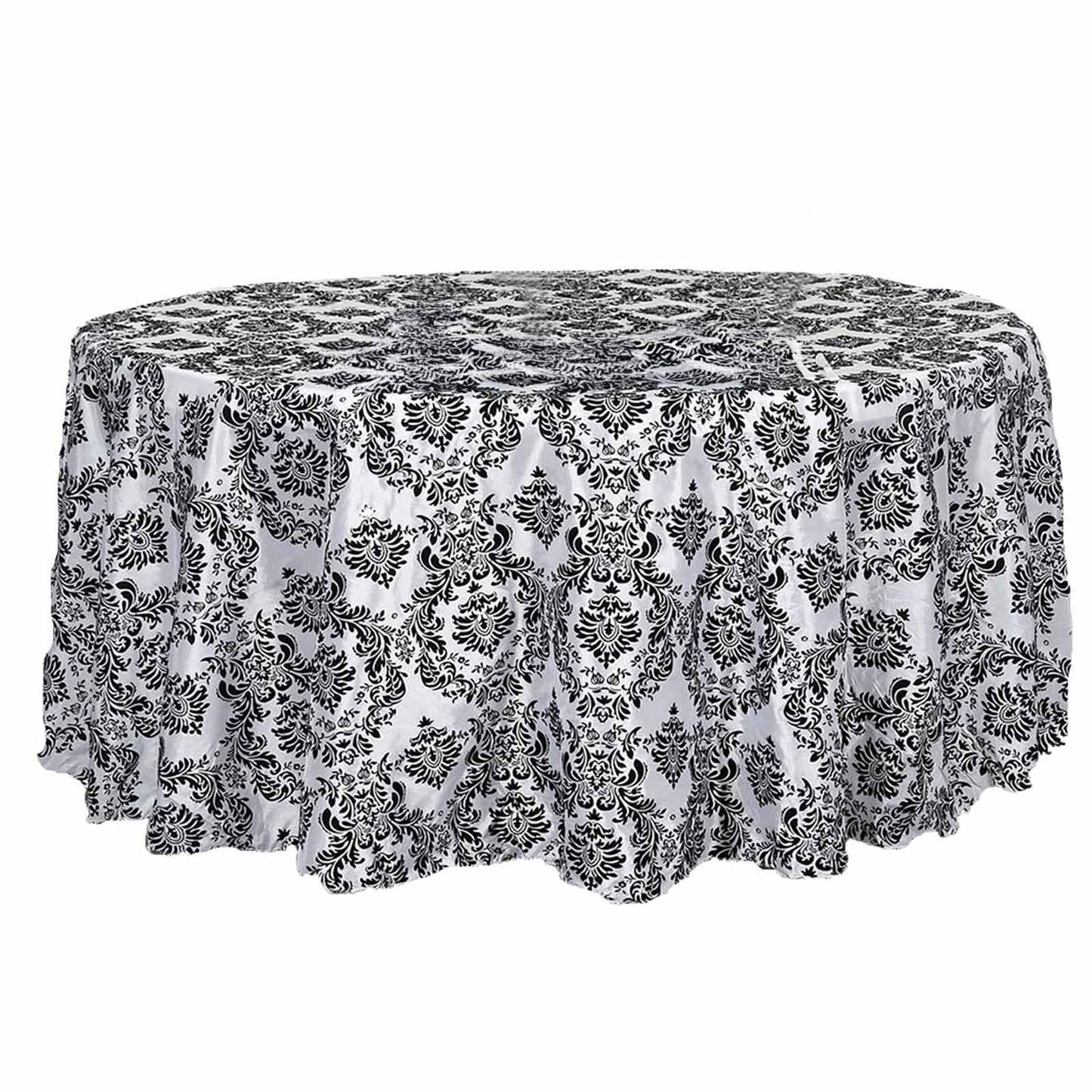 Taffeta 120" Round Tablecloth Black - Seamless Velvet Flocking Damask Design for Sophisticated Gatherings - Linen Luxes