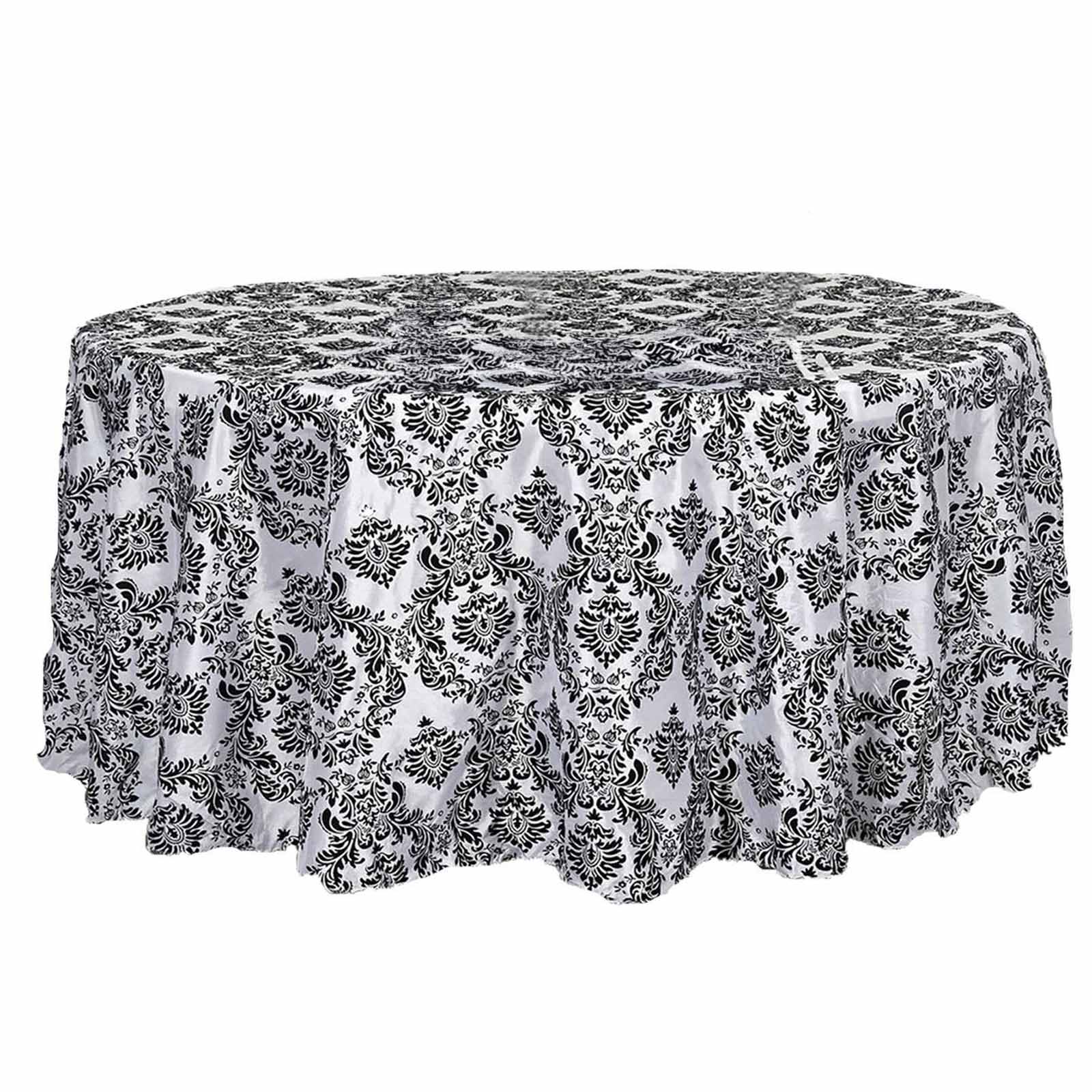Taffeta 120" Round Tablecloth Black - Seamless Velvet Flocking Damask Design for Sophisticated Gatherings - Linen Luxes