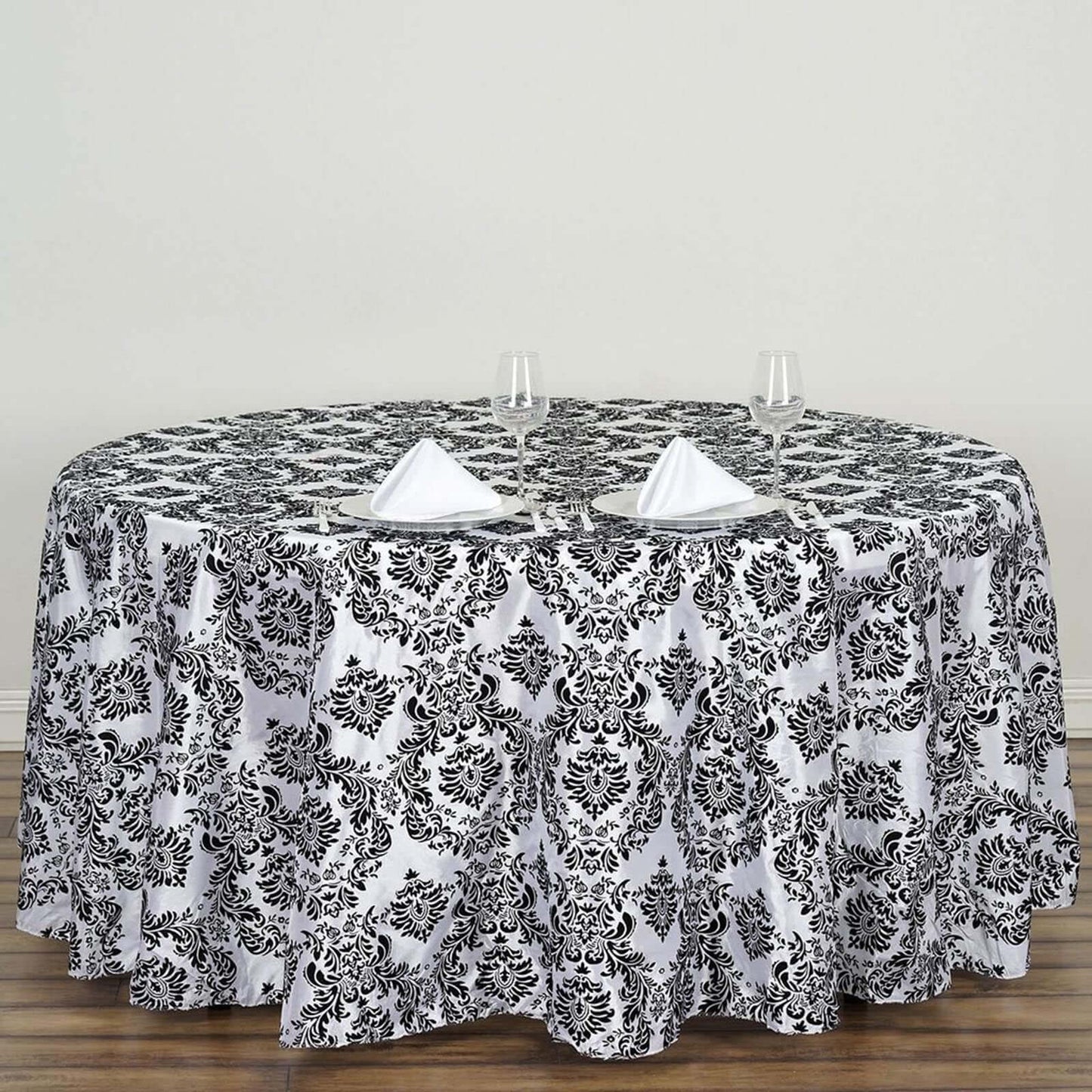 Taffeta 120" Round Tablecloth Black - Seamless Velvet Flocking Damask Design for Sophisticated Gatherings - Linen Luxes