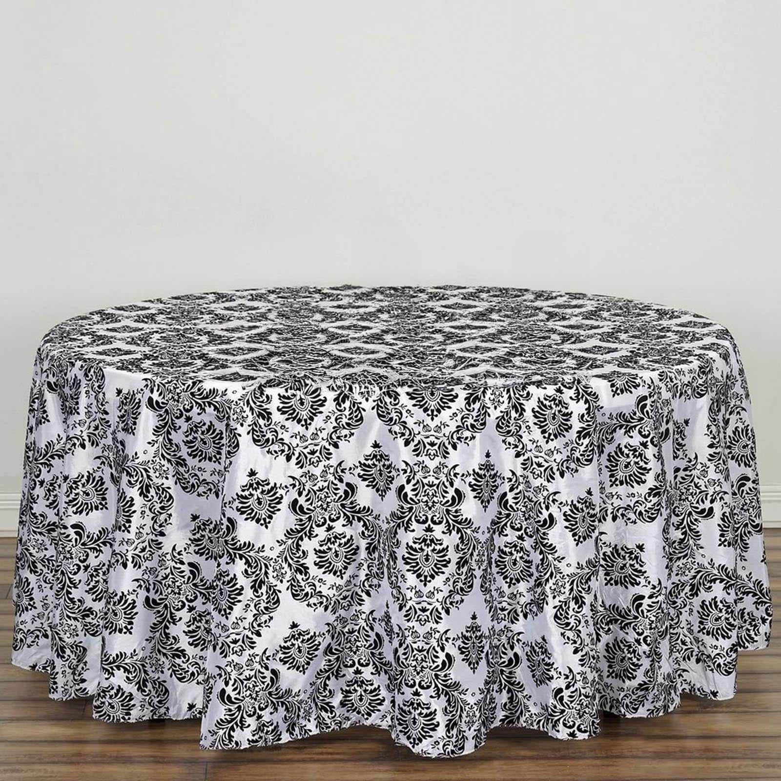 Taffeta 120" Round Tablecloth Black - Seamless Velvet Flocking Damask Design for Sophisticated Gatherings - Linen Luxes