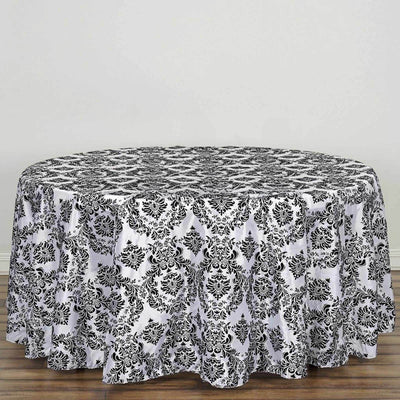 Taffeta 120" Round Tablecloth Black - Seamless Velvet Flocking Damask Design for Sophisticated Gatherings - Linen Luxes