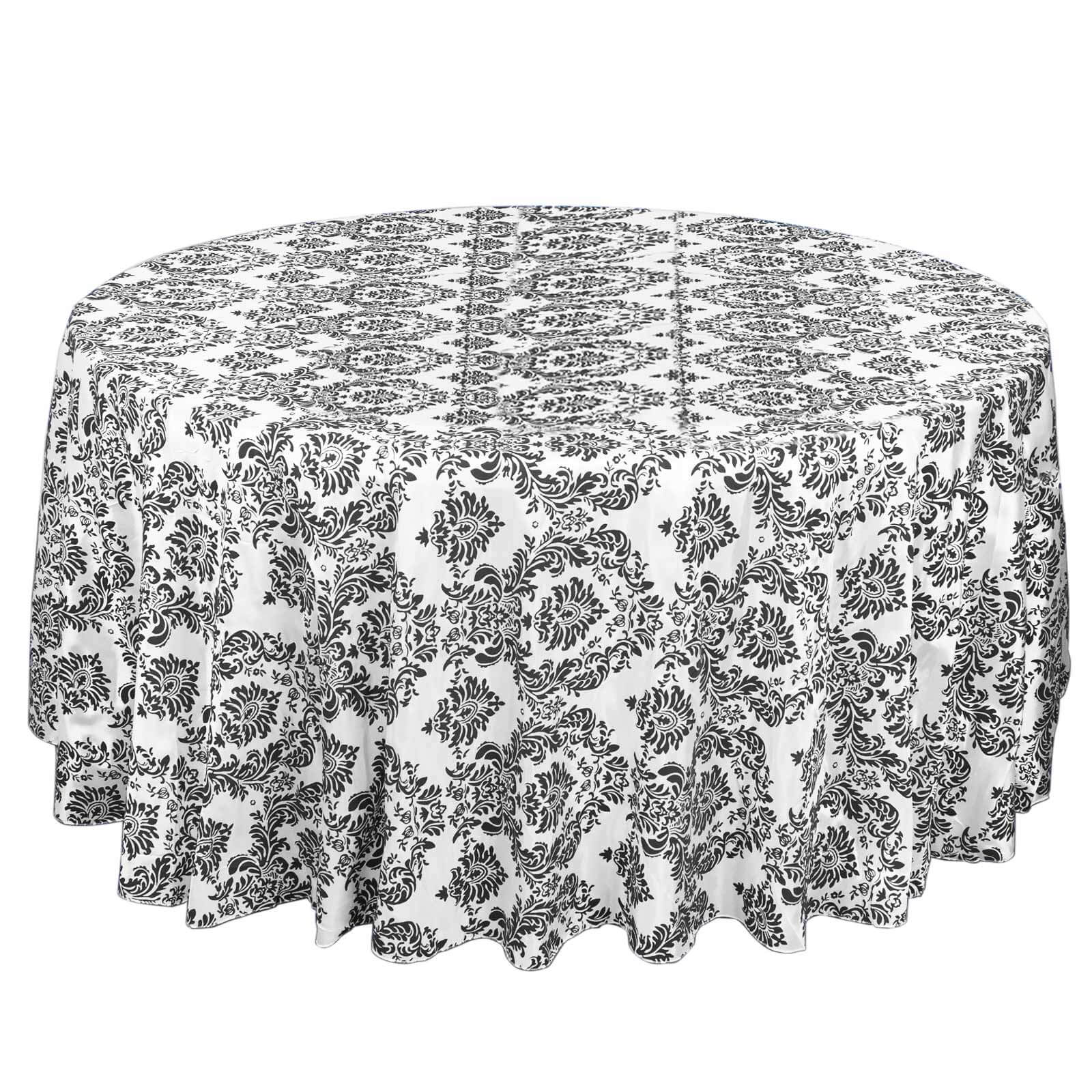 Taffeta 120" Round Tablecloth Black - Seamless Velvet Flocking Damask Design for Sophisticated Gatherings - Linen Luxes