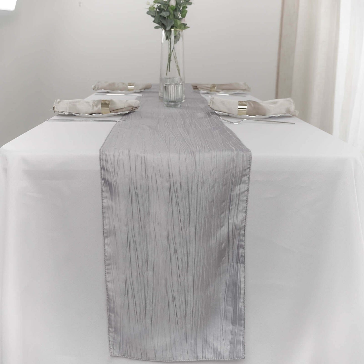 Taffeta 12"x108" Table Runner Silver - Accordion Crinkle Design