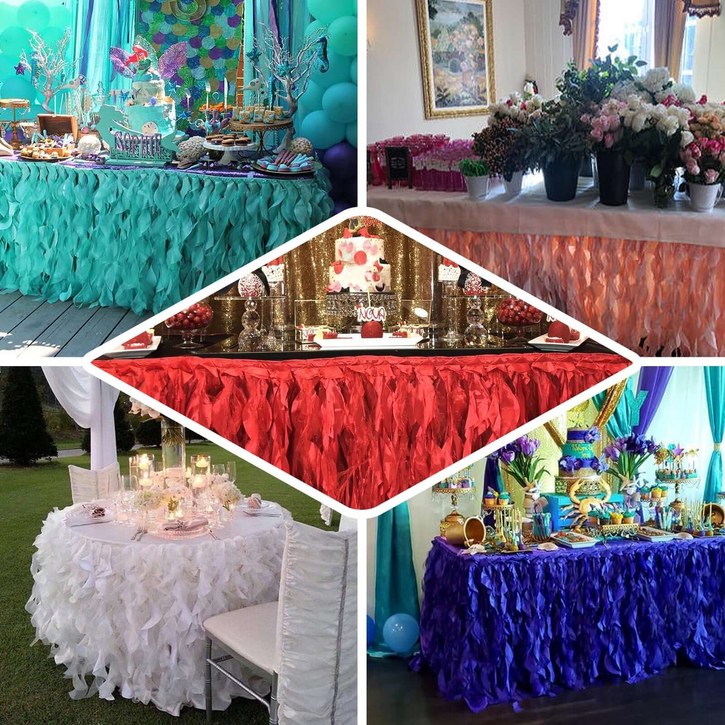 Taffeta 14ft Table Skirt Dusty Rose - Cascading Curly Willow Style Table Cover - Linen Luxes