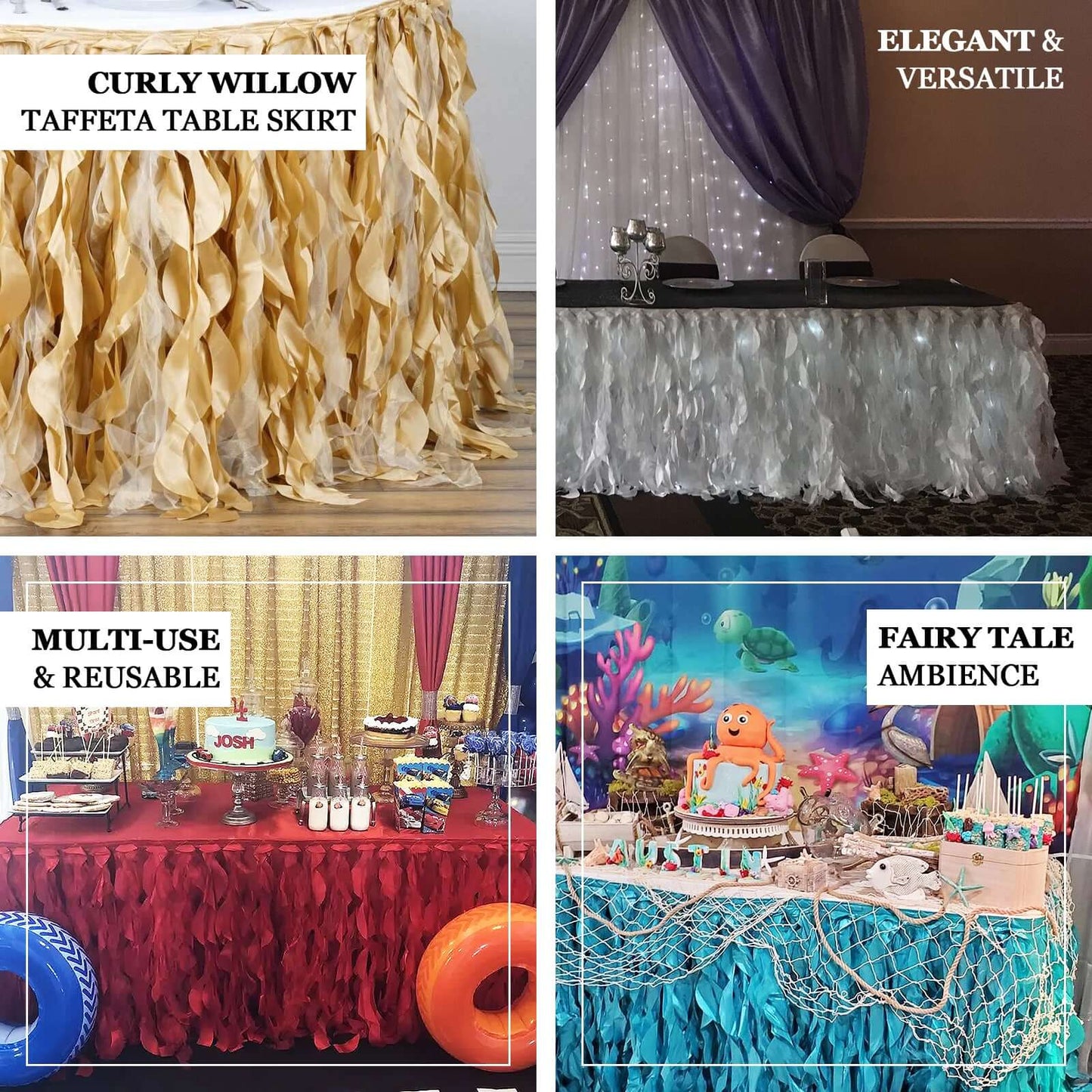 Taffeta 14ft Table Skirt Dusty Rose - Cascading Curly Willow Style Table Cover - Linen Luxes