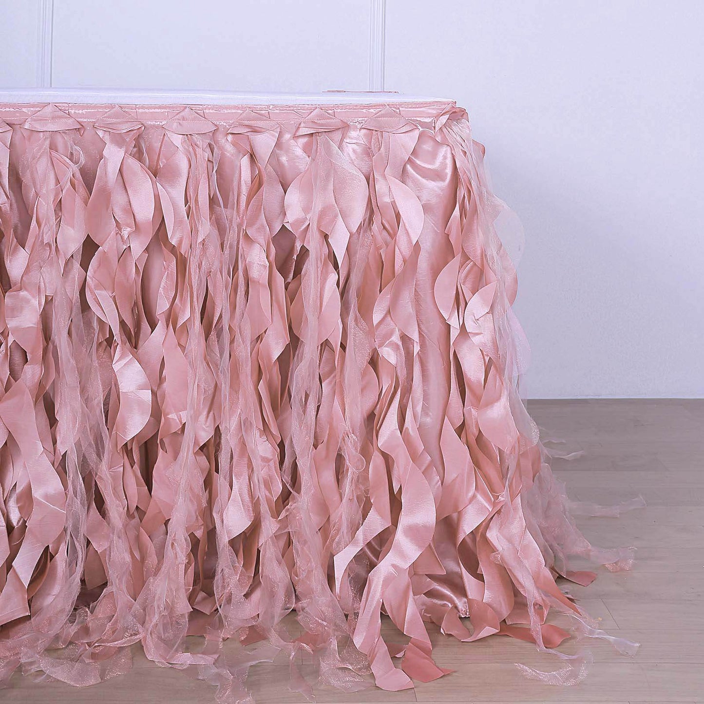 Taffeta 14ft Table Skirt Dusty Rose - Cascading Curly Willow Style Table Cover - Linen Luxes