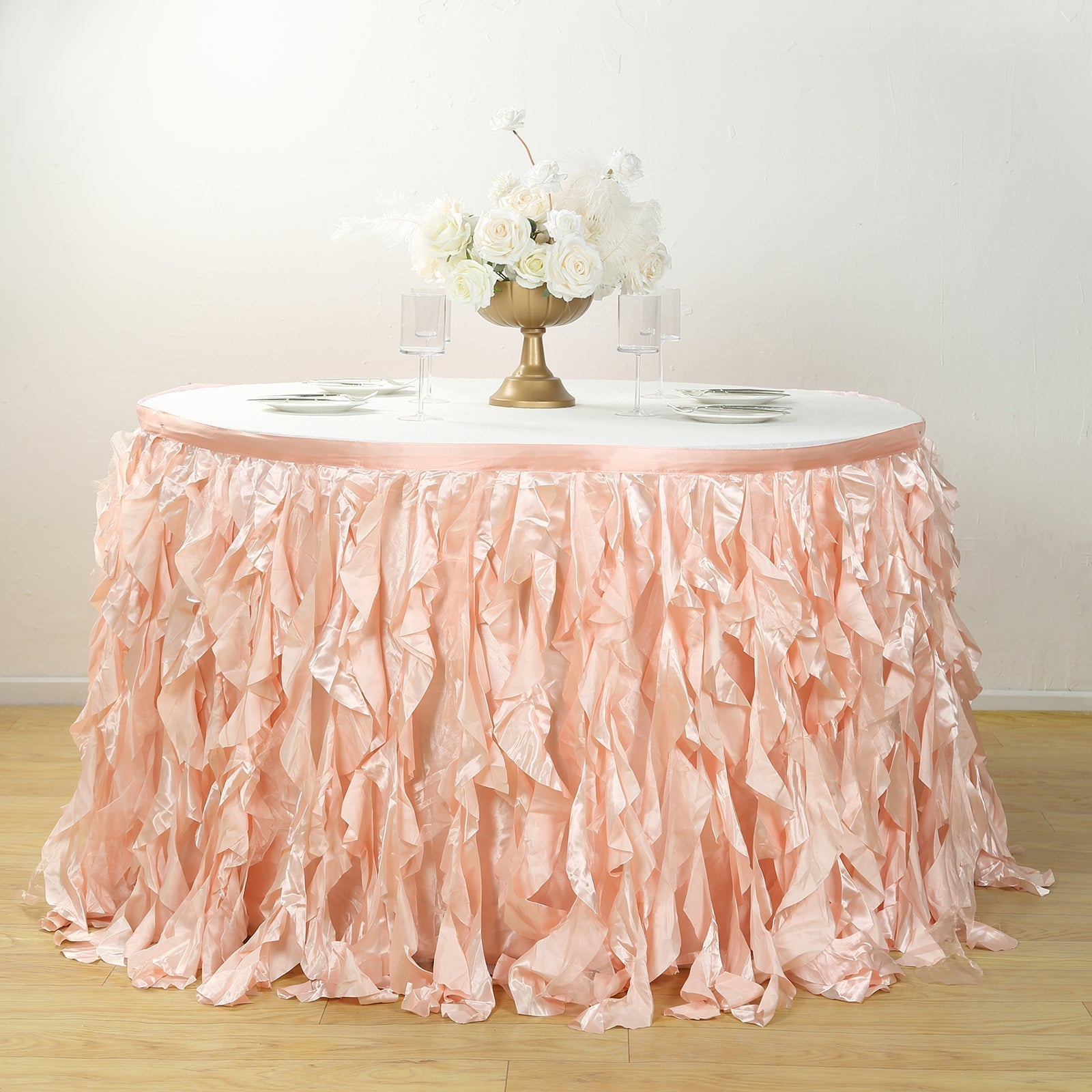 Taffeta 17ft Table Skirt Blush - Cascading Curly Willow Style Table Cover - Linen Luxes