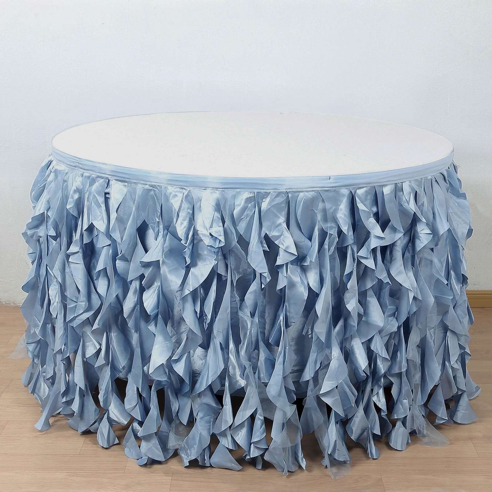 Taffeta 17ft Table Skirt Dusty Blue - Cascading Curly Willow Style Table Cover - Linen Luxes
