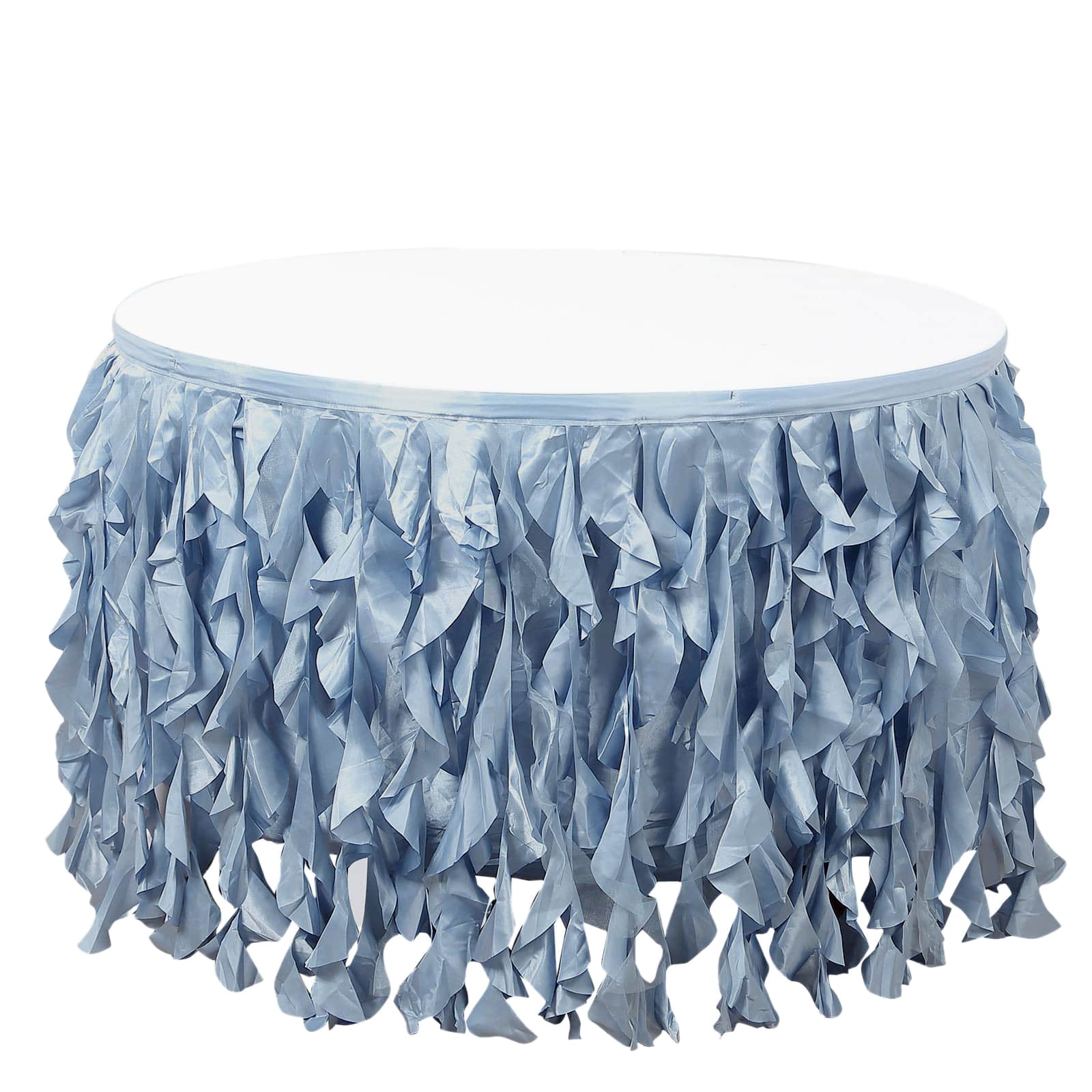 Taffeta 17ft Table Skirt Dusty Blue - Cascading Curly Willow Style Table Cover - Linen Luxes