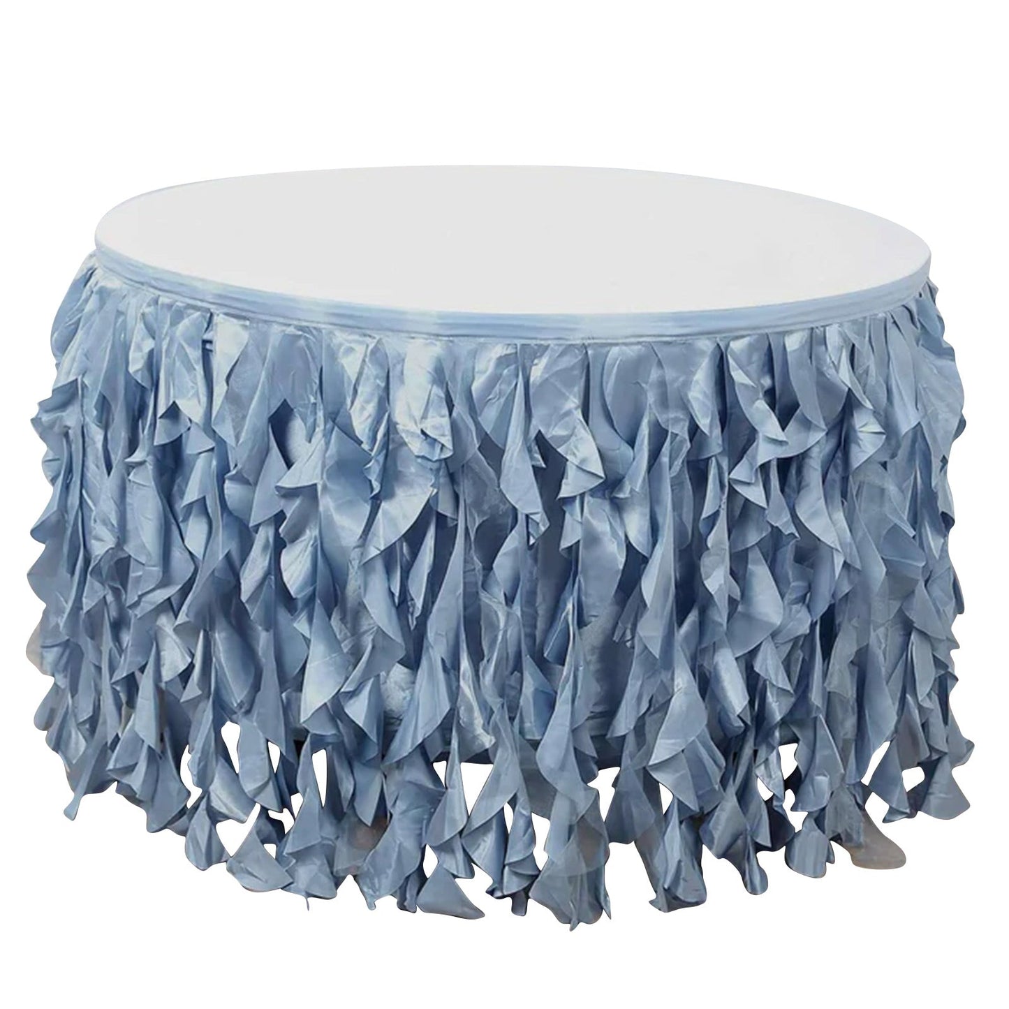 Taffeta 17ft Table Skirt Dusty Blue - Cascading Curly Willow Style Table Cover - Linen Luxes