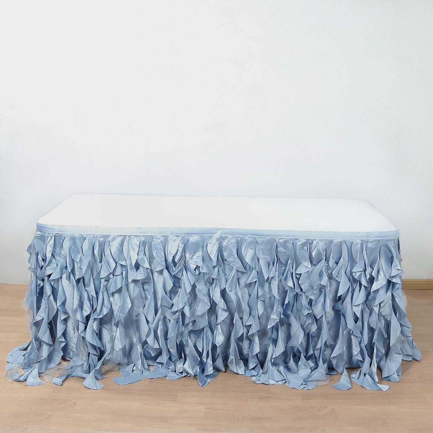 Taffeta 17ft Table Skirt Dusty Blue - Cascading Curly Willow Style Table Cover - Linen Luxes