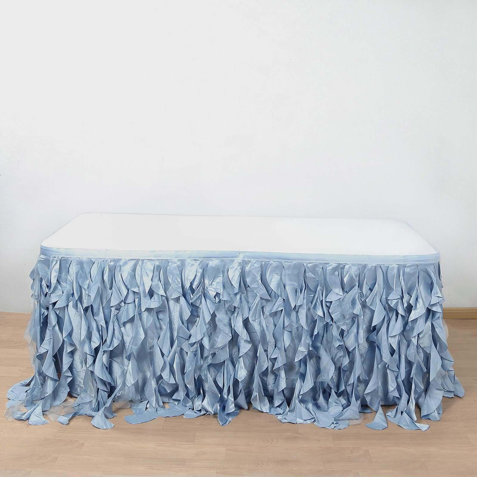 Taffeta 17ft Table Skirt Dusty Blue - Cascading Curly Willow Style Table Cover - Linen Luxes
