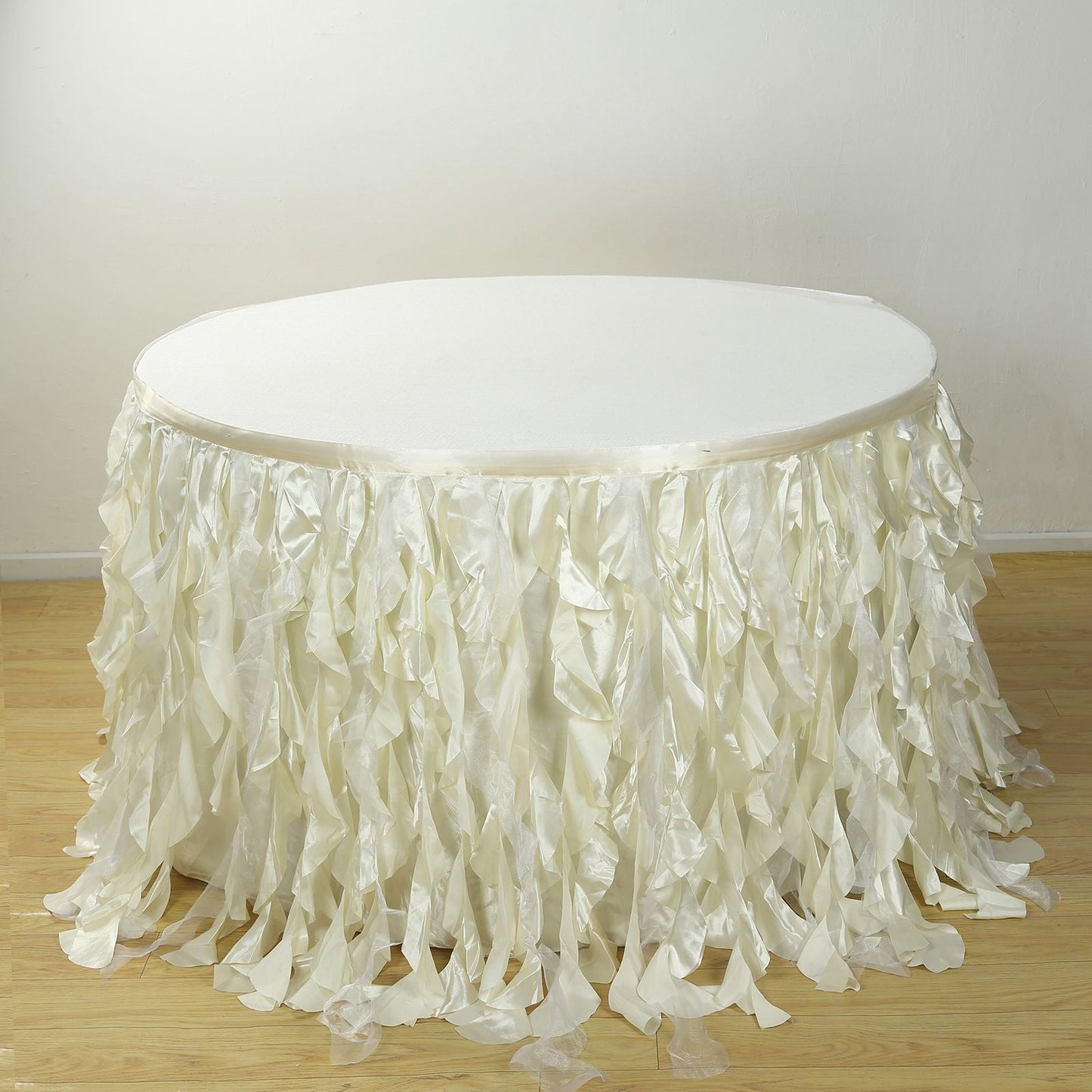 Taffeta 17ft Table Skirt Ivory - Cascading Curly Willow Style Table Cover - Linen Luxes