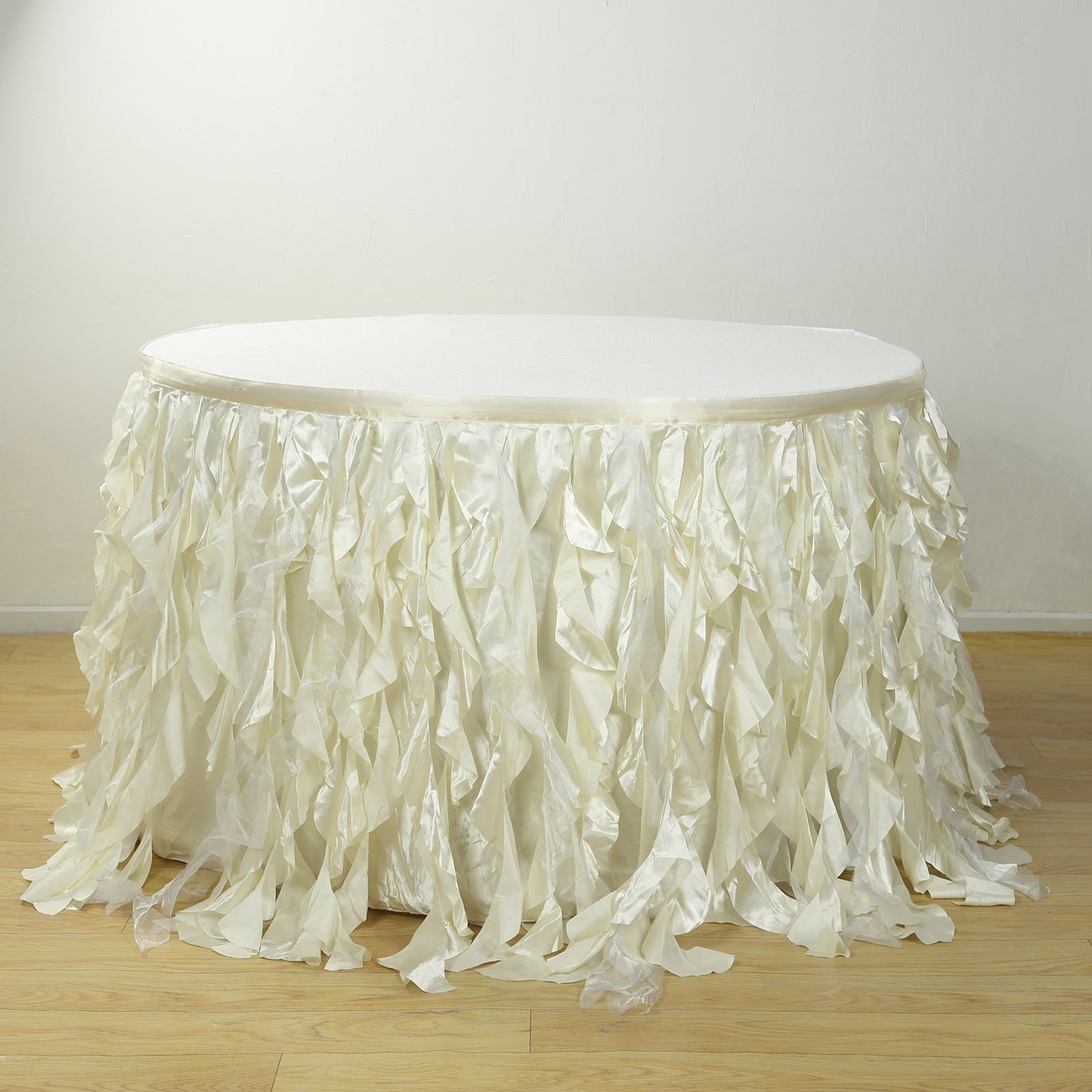 Taffeta 17ft Table Skirt Ivory - Cascading Curly Willow Style Table Cover - Linen Luxes