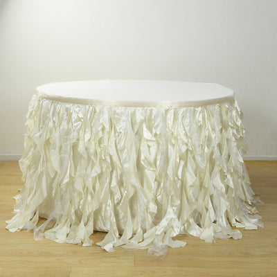 Taffeta 17ft Table Skirt Ivory - Cascading Curly Willow Style Table Cover - Linen Luxes