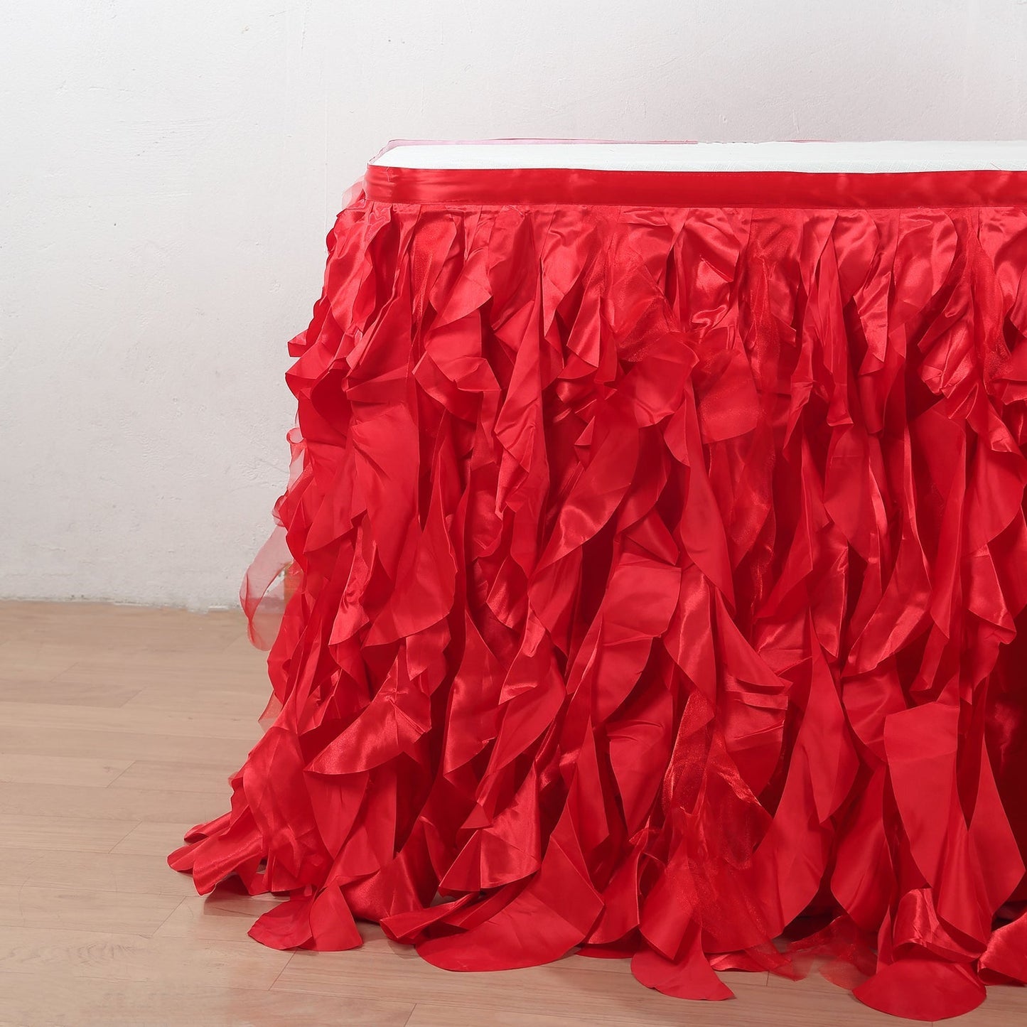 Taffeta 17ft Table Skirt Red - Cascading Curly Willow Style Table Cover - Linen Luxes
