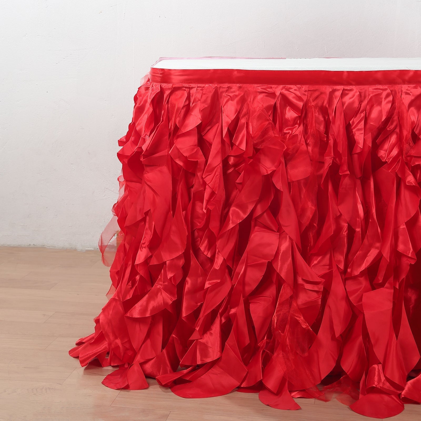 Taffeta 17ft Table Skirt Red - Cascading Curly Willow Style Table Cover - Linen Luxes