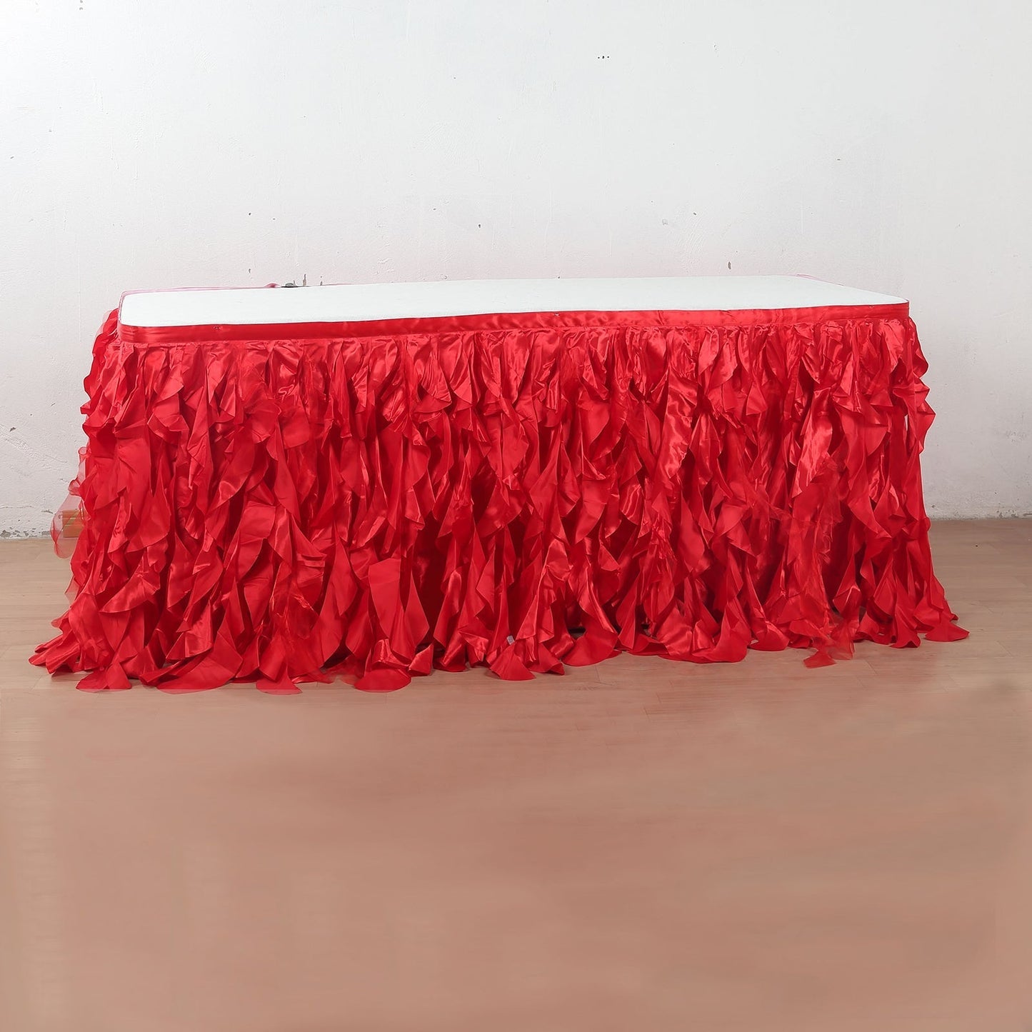Taffeta 17ft Table Skirt Red - Cascading Curly Willow Style Table Cover - Linen Luxes