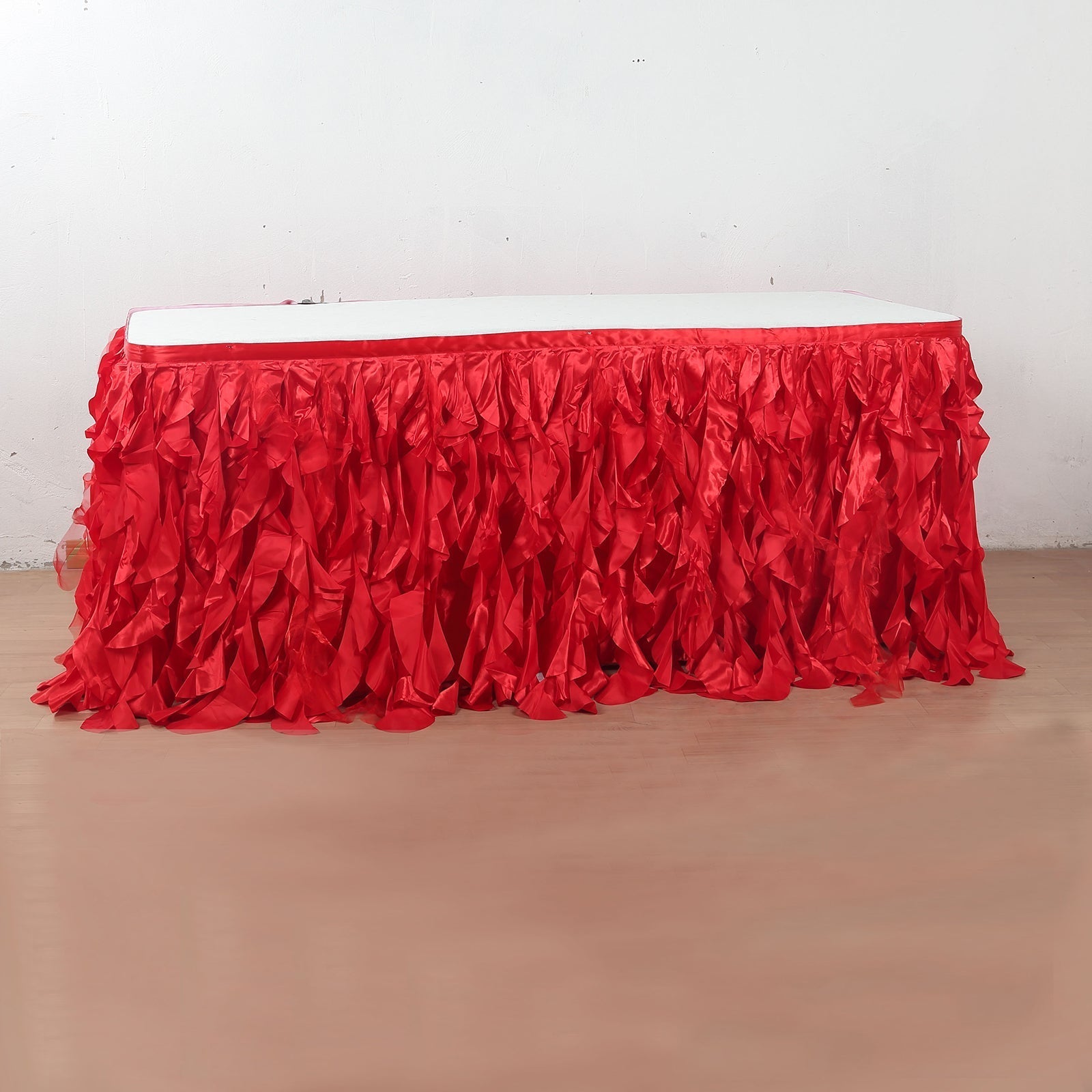 Taffeta 17ft Table Skirt Red - Cascading Curly Willow Style Table Cover - Linen Luxes