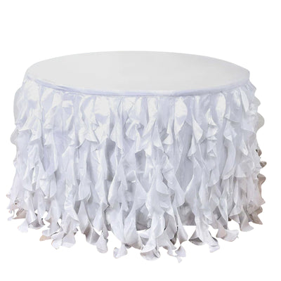Taffeta 21ft Table Skirt White Cascading Curly Willow Style for Weddings & Banquets - Linen Luxes
