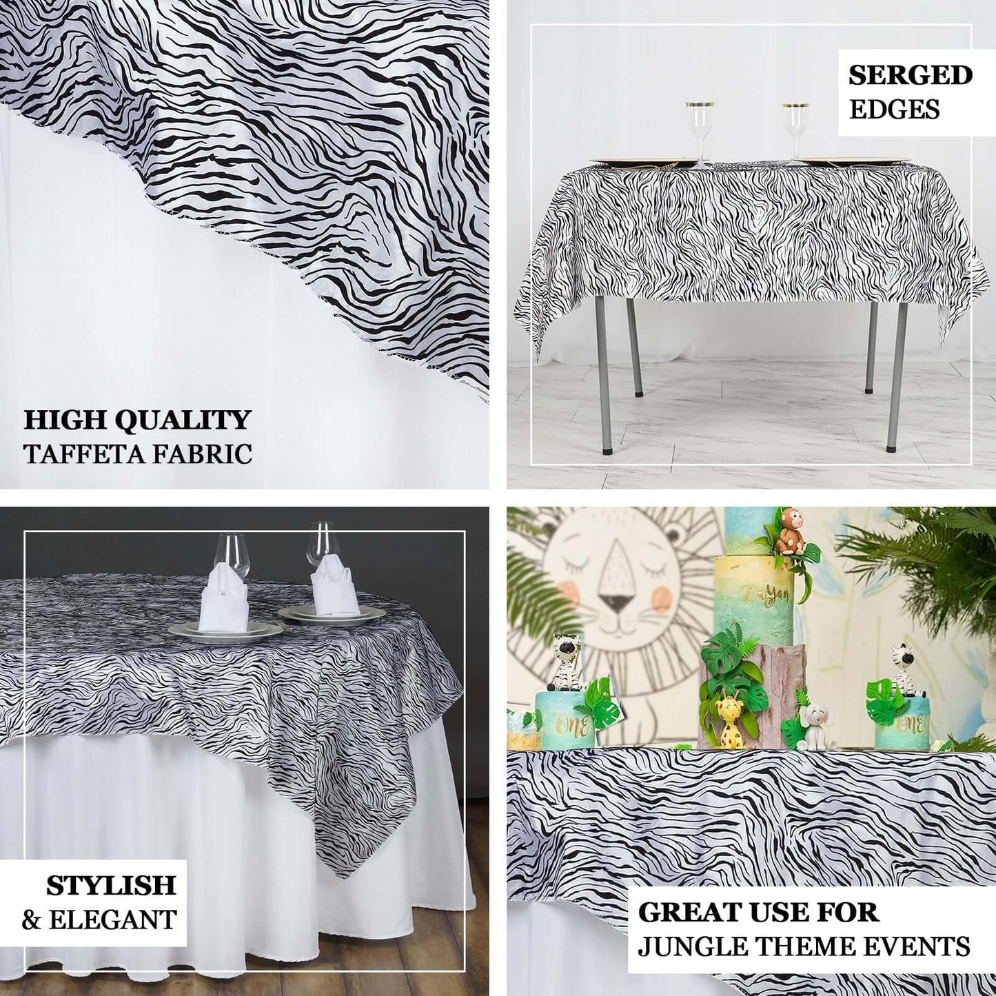 Taffeta 72"x72" Table Overlay Black and White - Tiger Print Design for Jungle Theme Parties - Linen Luxes