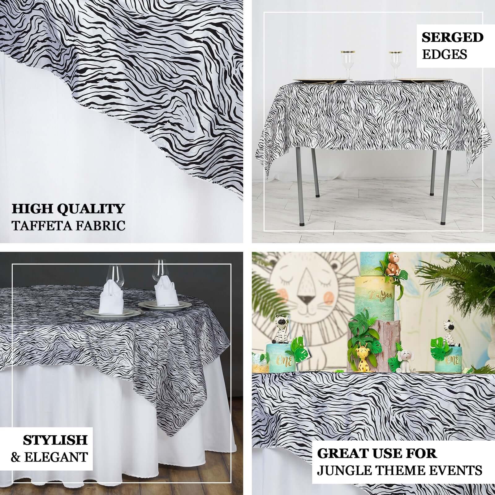 Taffeta 72"x72" Table Overlay Black and White - Tiger Print Design for Jungle Theme Parties - Linen Luxes
