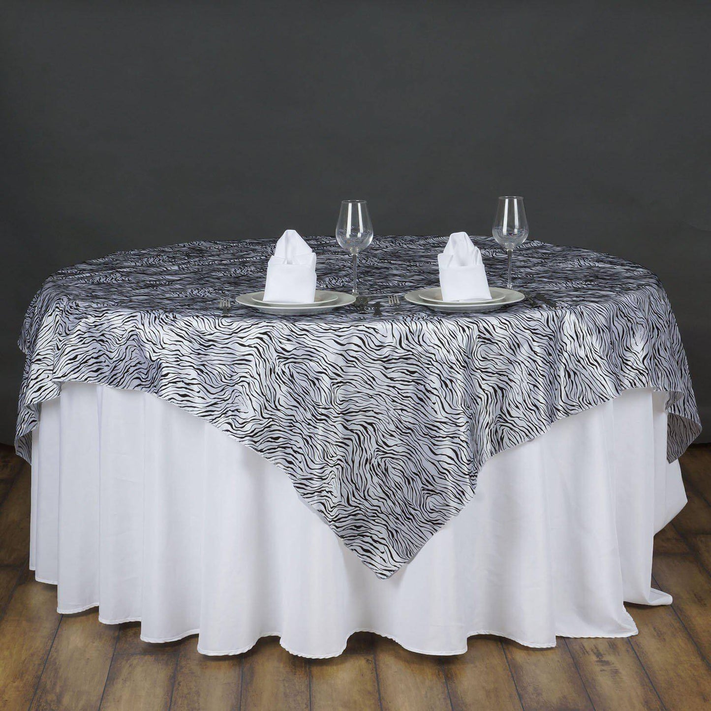 Taffeta 72"x72" Table Overlay Black and White - Tiger Print Design for Jungle Theme Parties - Linen Luxes