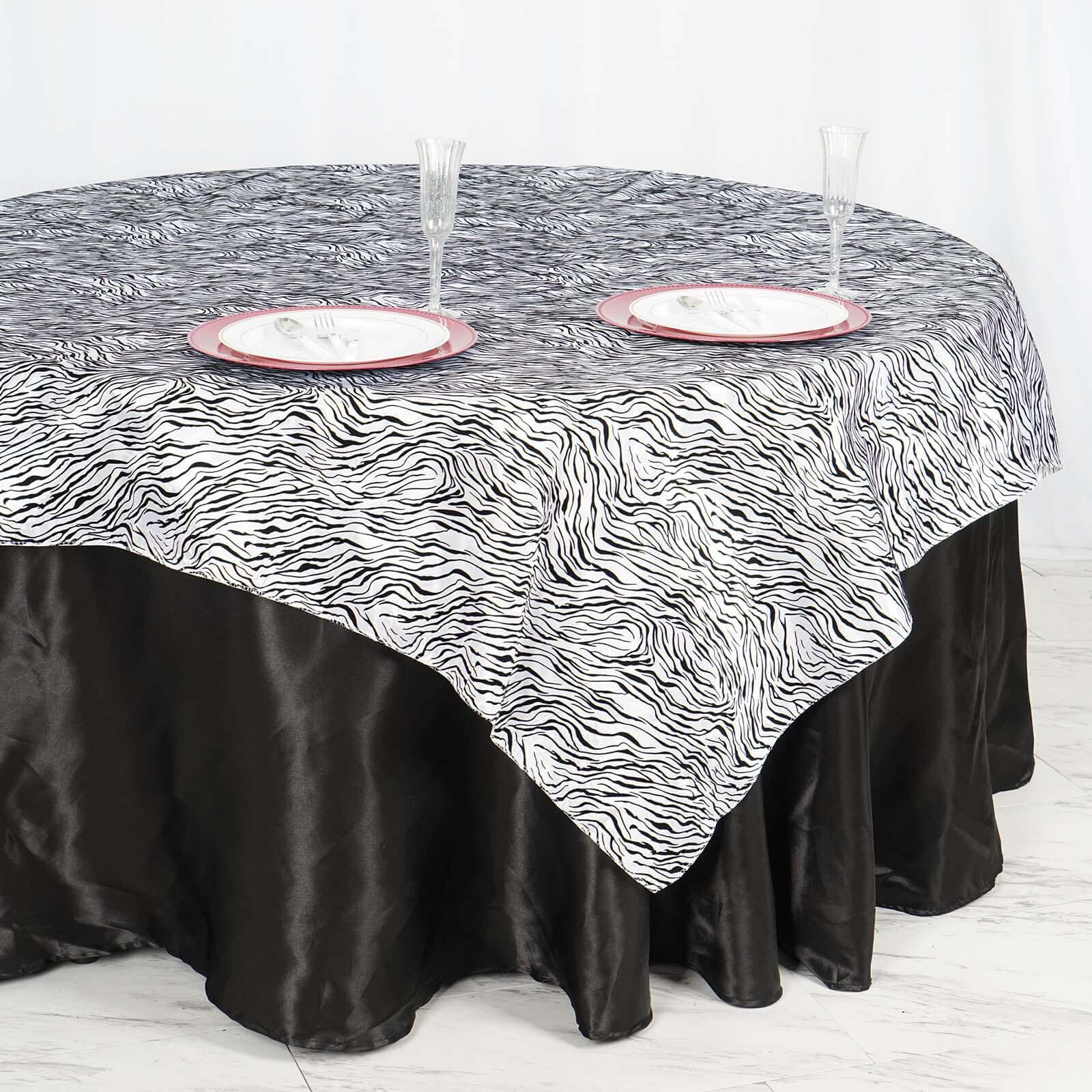 Taffeta 72"x72" Table Overlay Black and White - Tiger Print Design for Jungle Theme Parties - Linen Luxes