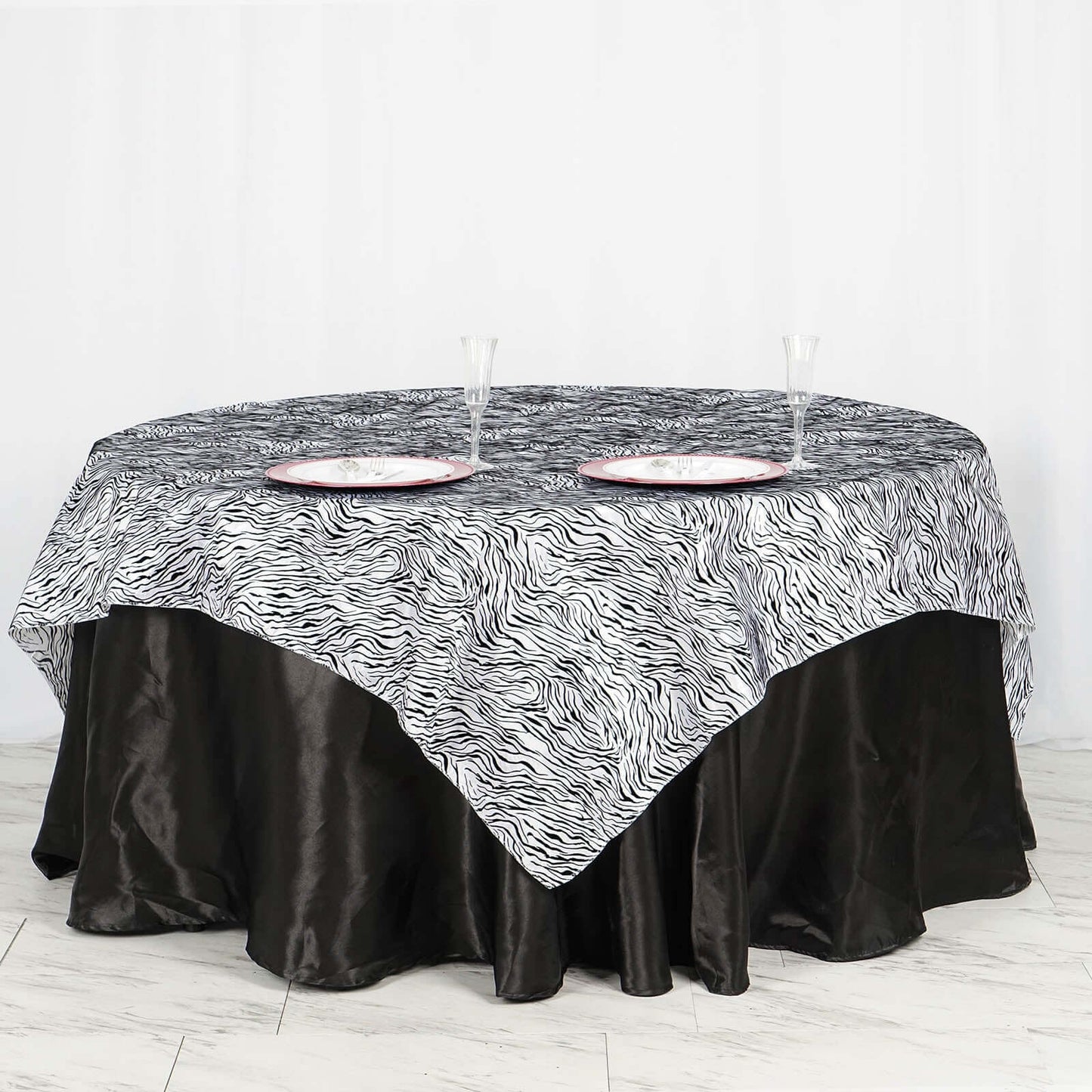 Taffeta 72"x72" Table Overlay Black and White - Tiger Print Design for Jungle Theme Parties - Linen Luxes