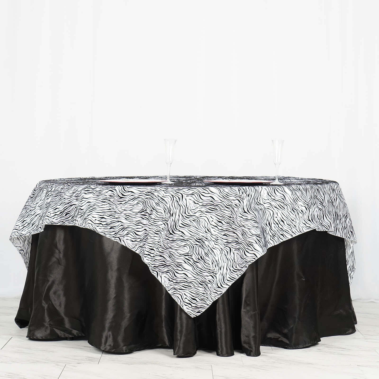 Taffeta 72"x72" Table Overlay Black and White - Tiger Print Design for Jungle Theme Parties - Linen Luxes