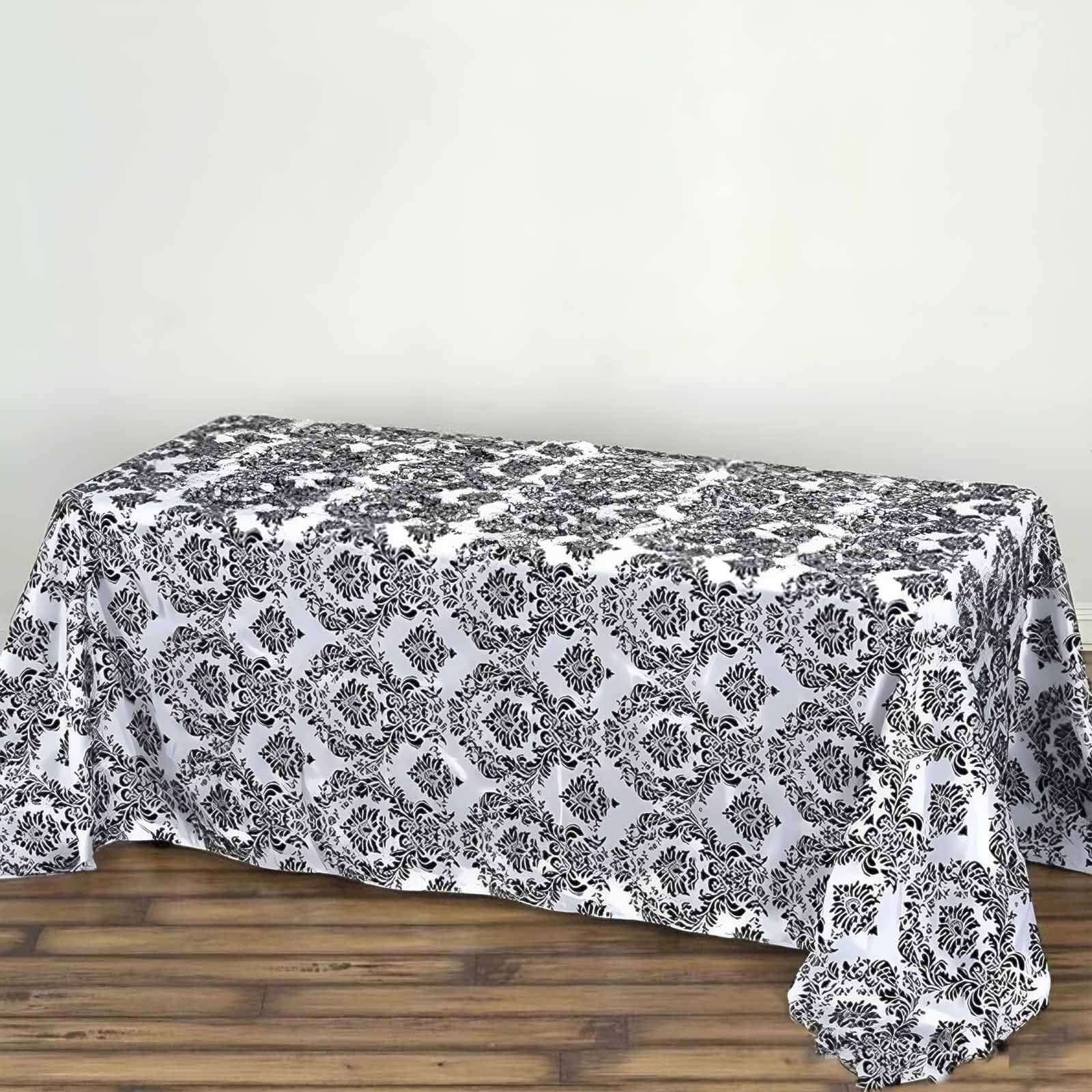 Taffeta 90"x132" Rectangle Tablecloth Black - Seamless Velvet Flocking Damask Design for Upscale Events - Linen Luxes