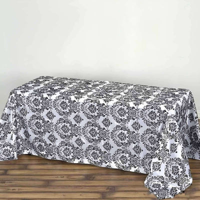 Taffeta 90"x132" Rectangle Tablecloth Black - Seamless Velvet Flocking Damask Design for Upscale Events - Linen Luxes