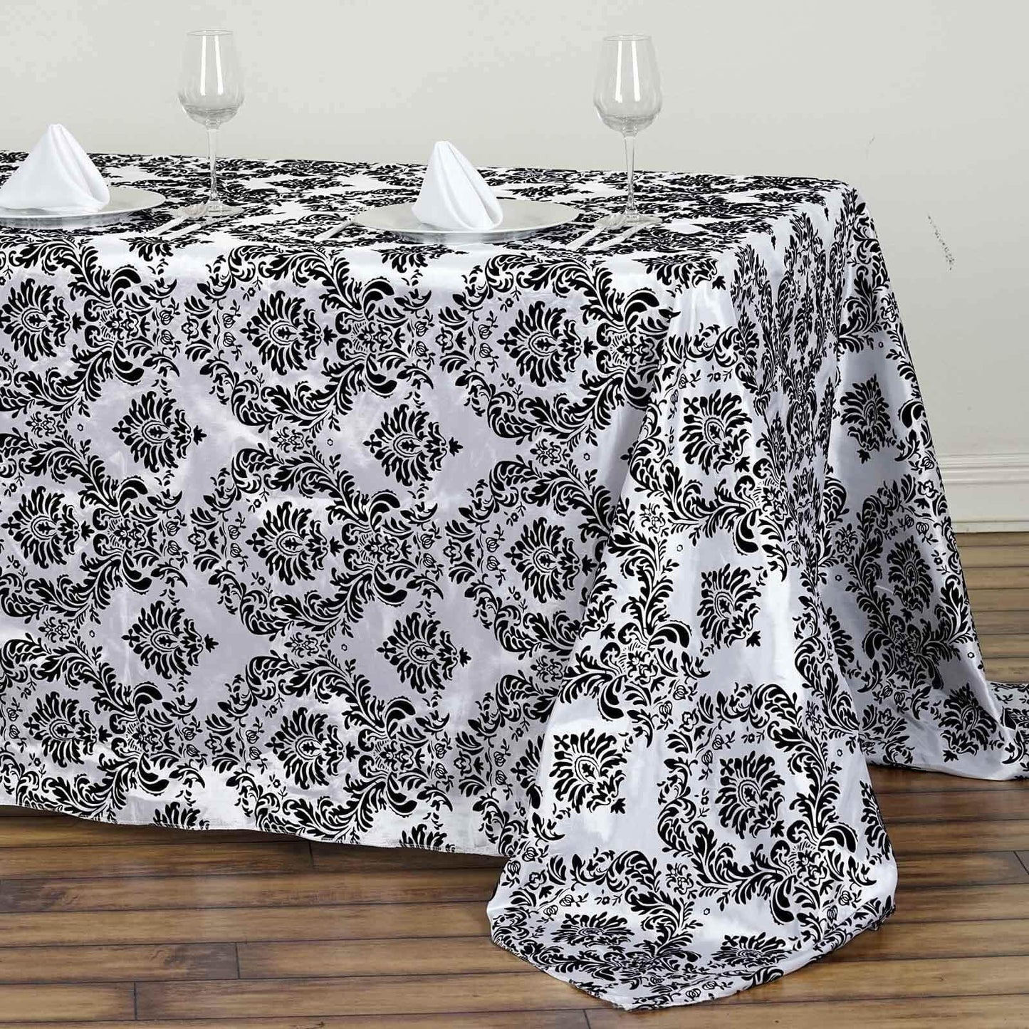 Taffeta 90"x132" Rectangle Tablecloth Black - Seamless Velvet Flocking Damask Design for Upscale Events - Linen Luxes