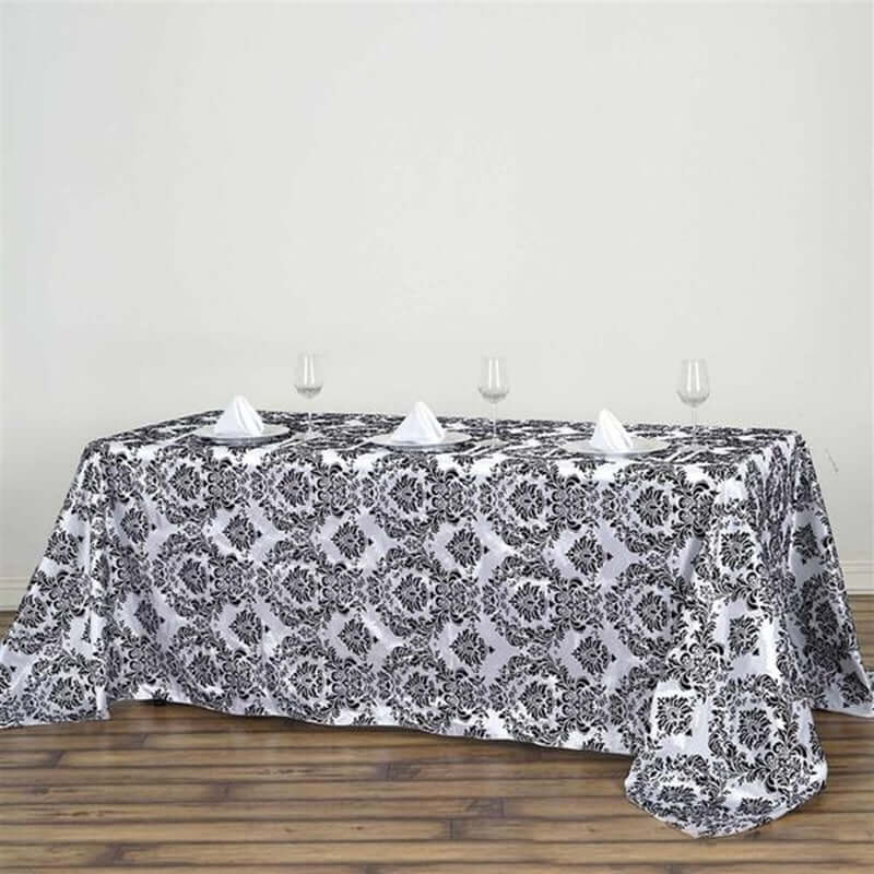 Taffeta 90"x132" Rectangle Tablecloth Black - Seamless Velvet Flocking Damask Design for Upscale Events - Linen Luxes
