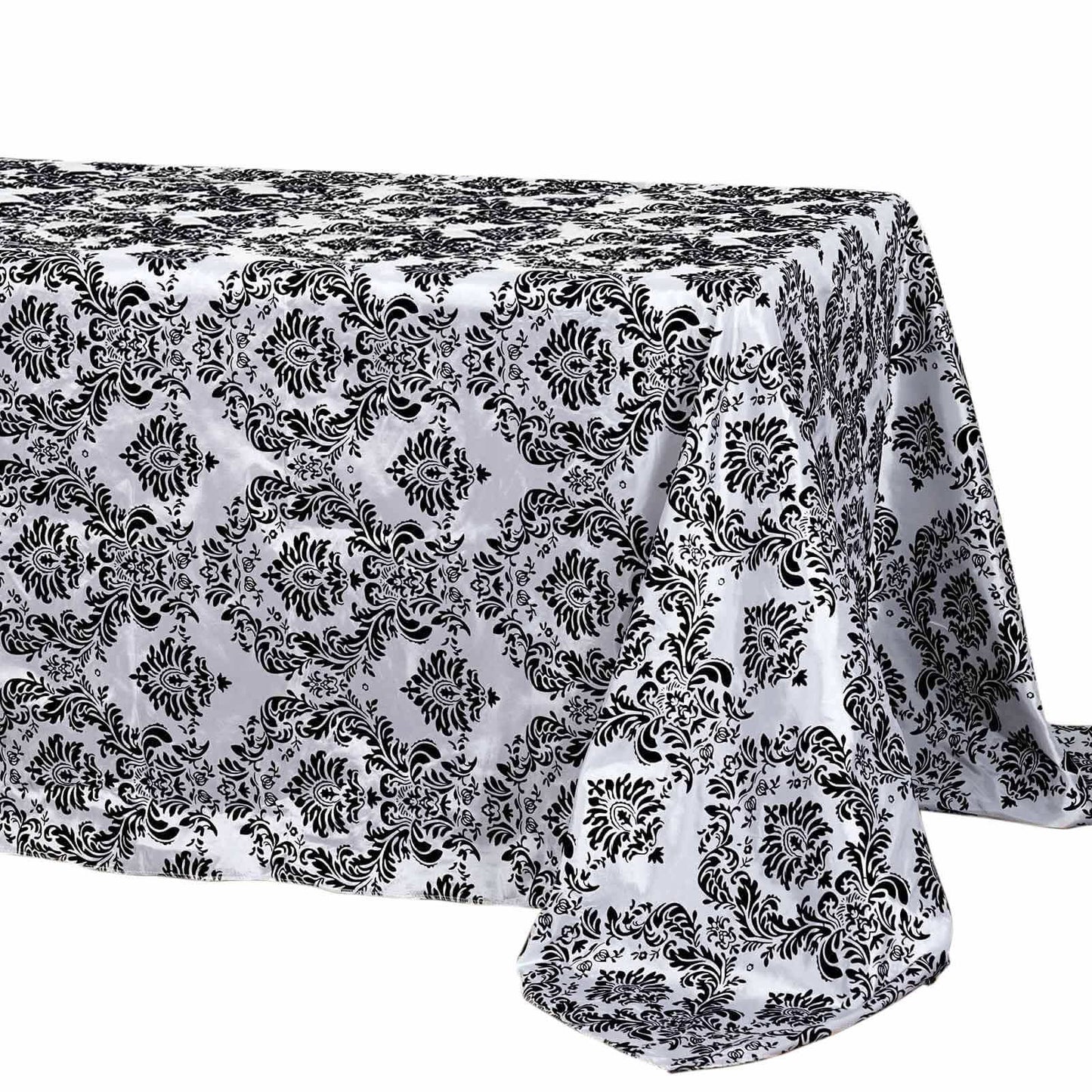 Taffeta 90"x132" Rectangle Tablecloth Black - Seamless Velvet Flocking Damask Design for Upscale Events - Linen Luxes