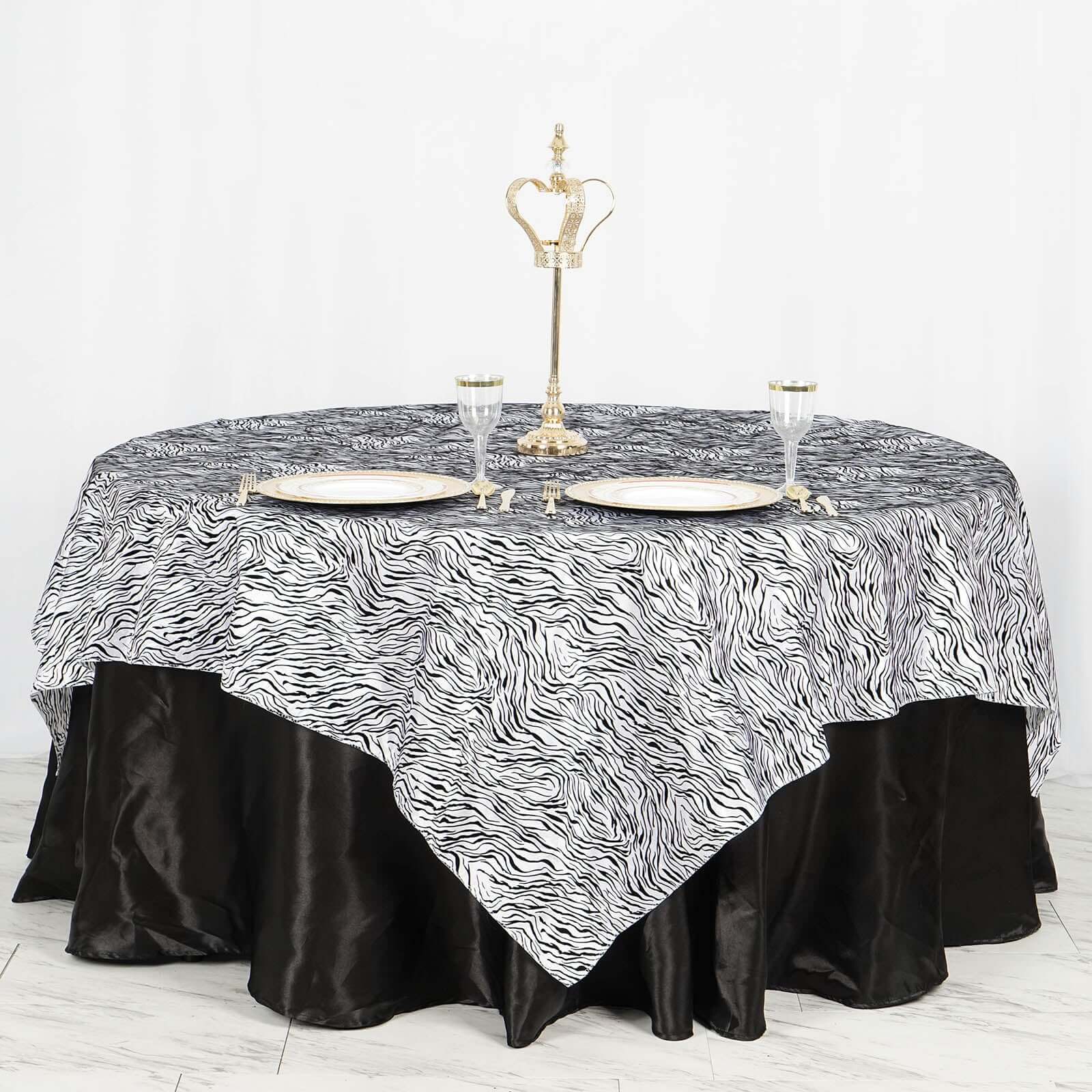 Taffeta 90"x90" Table Overlay Black and White - Tiger Print Table Topper for Jungle Theme - Linen Luxes