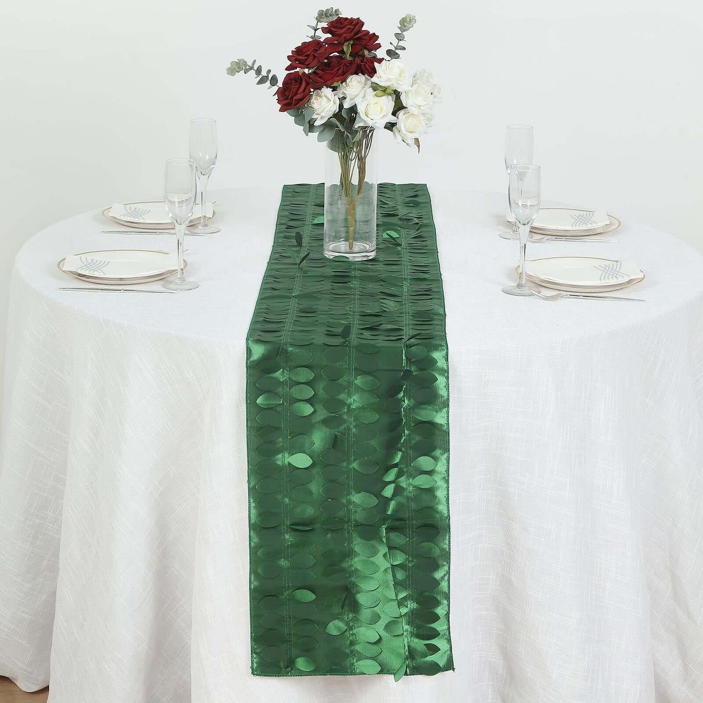 Taffeta Fabric 12"x108" Table Runner Green - 3D Leaf Petal Design