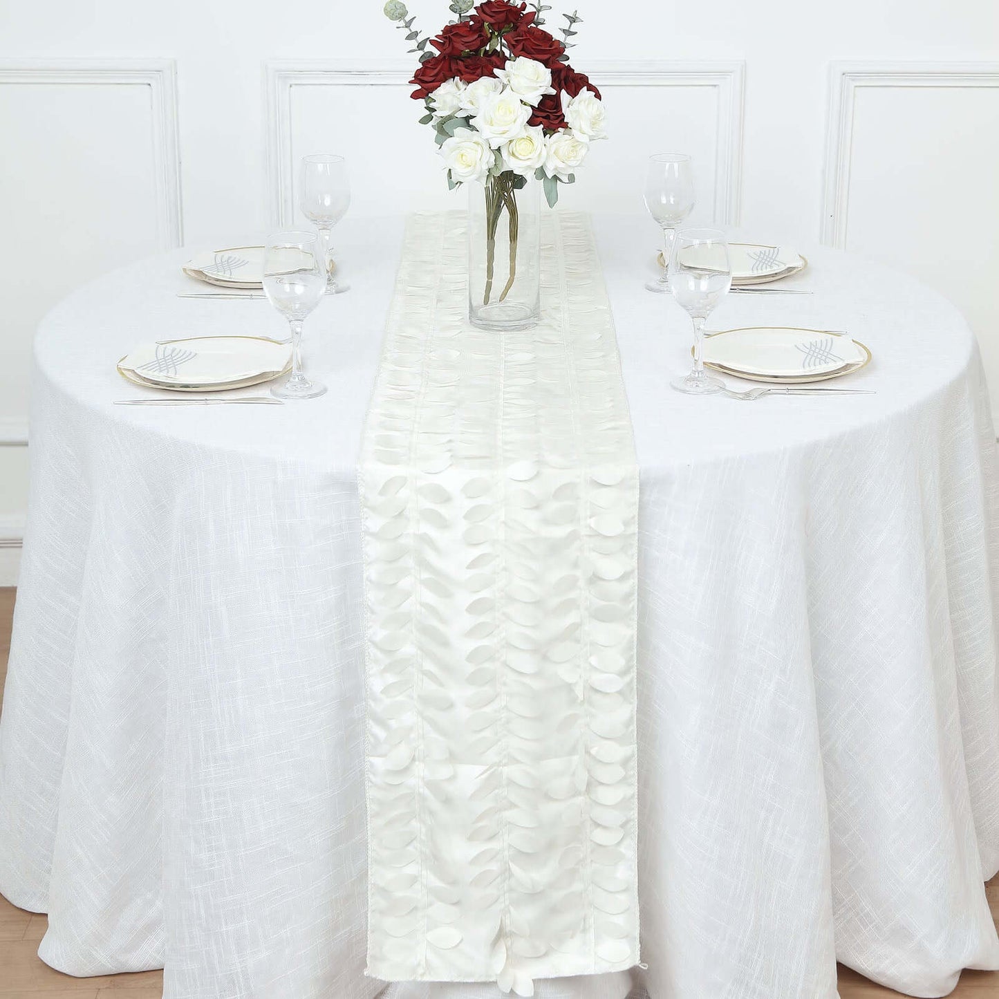 Taffeta Fabric 12"x108" Table Runner Ivory - 3D Leaf Petal Design