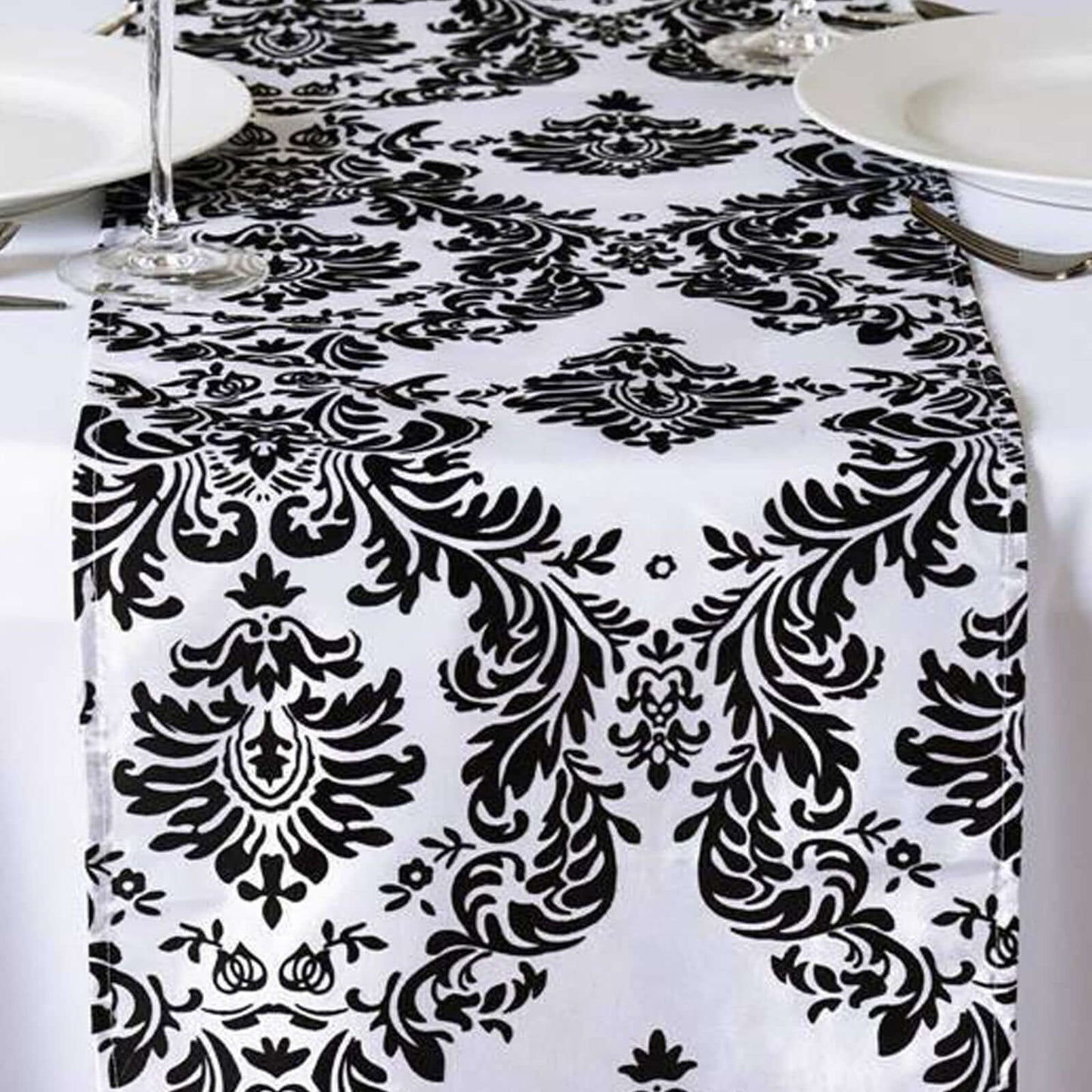 Taffeta Flocking 12"x108" Table Runner Black Damask - Stylish Table Accent - Linen Luxes