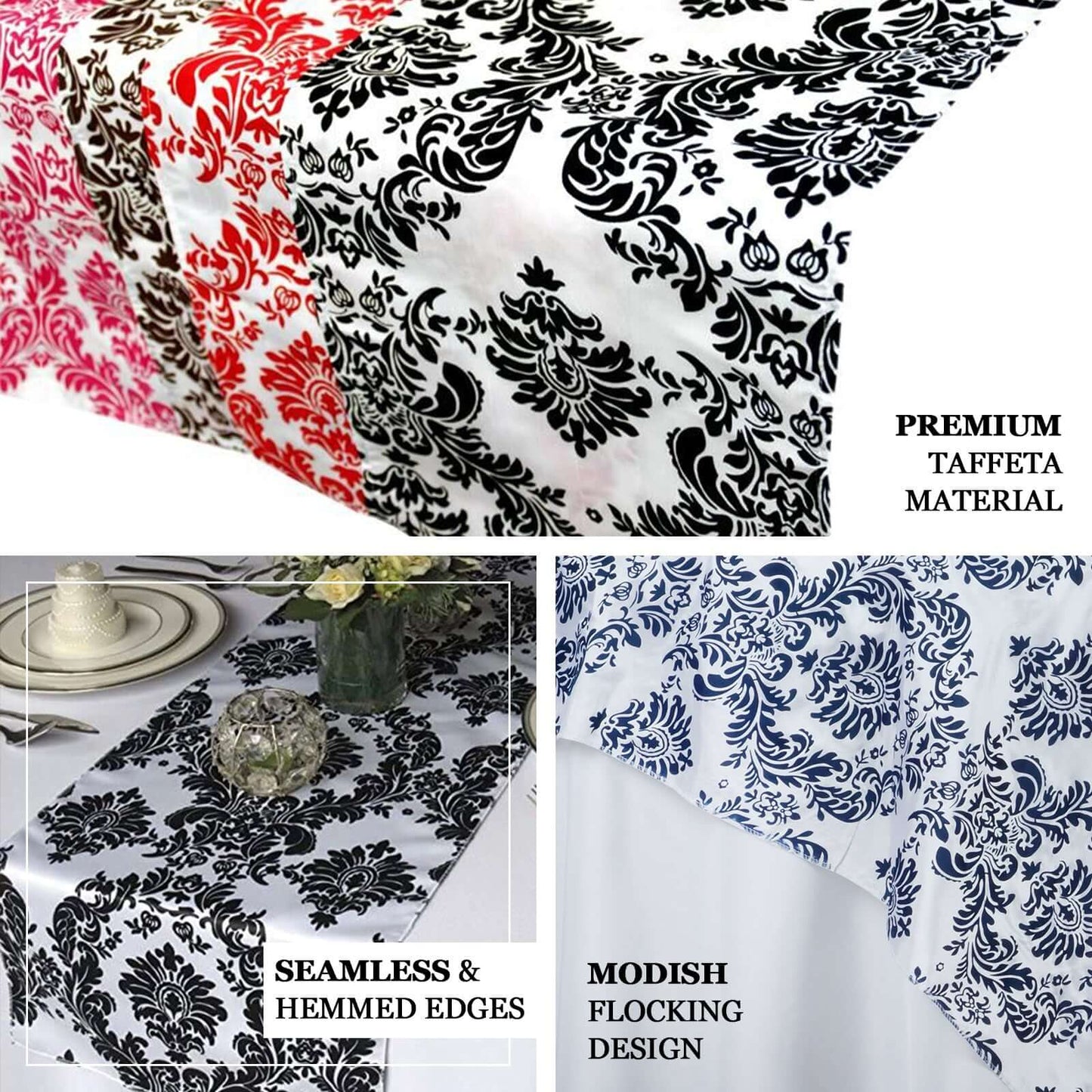 Taffeta Flocking 12"x108" Table Runner Black Damask - Stylish Table Accent - Linen Luxes