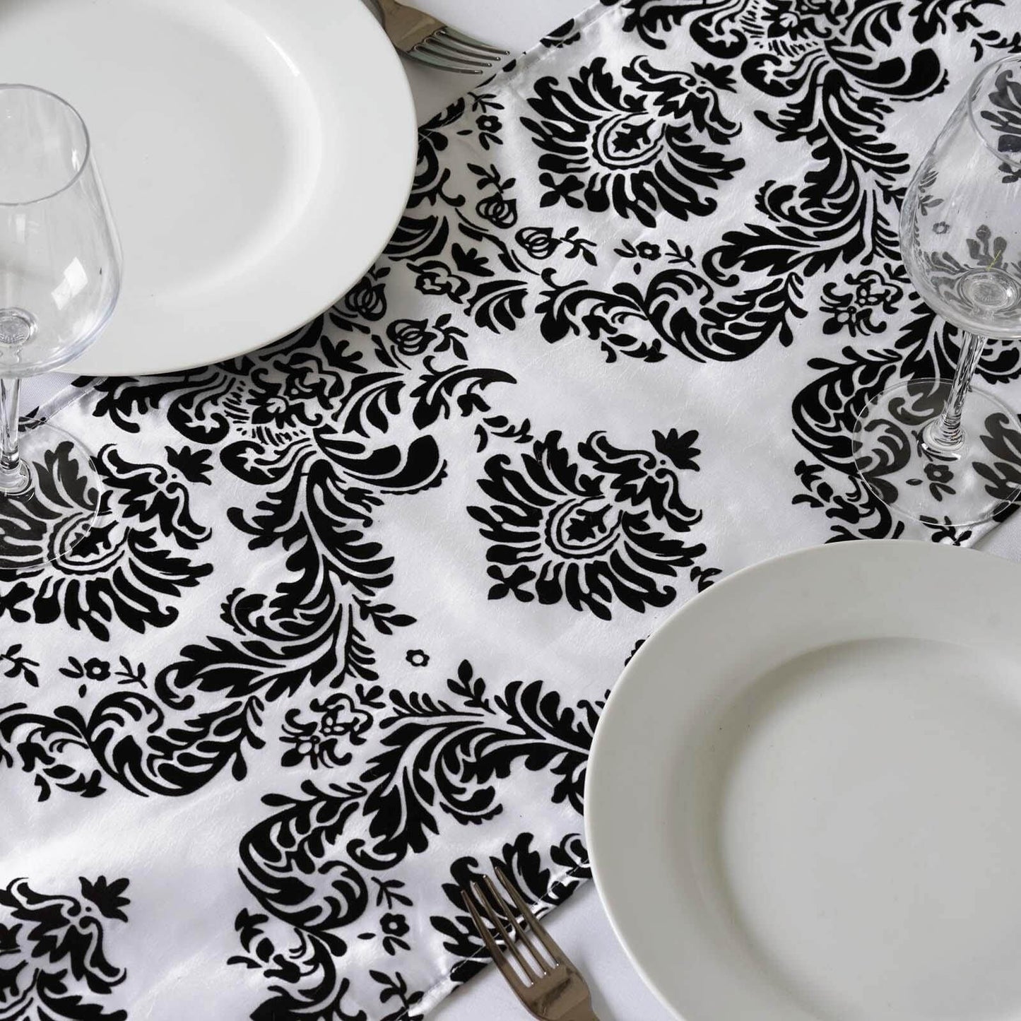 Taffeta Flocking 12"x108" Table Runner Black Damask - Stylish Table Accent - Linen Luxes