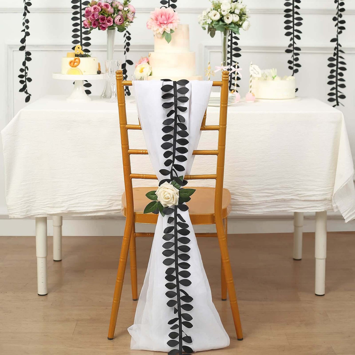 Taffeta Ribbon Sash with 4" Leaf Petal Design Black 50ft - Sophisticated Artificial Fabric Garland for Events