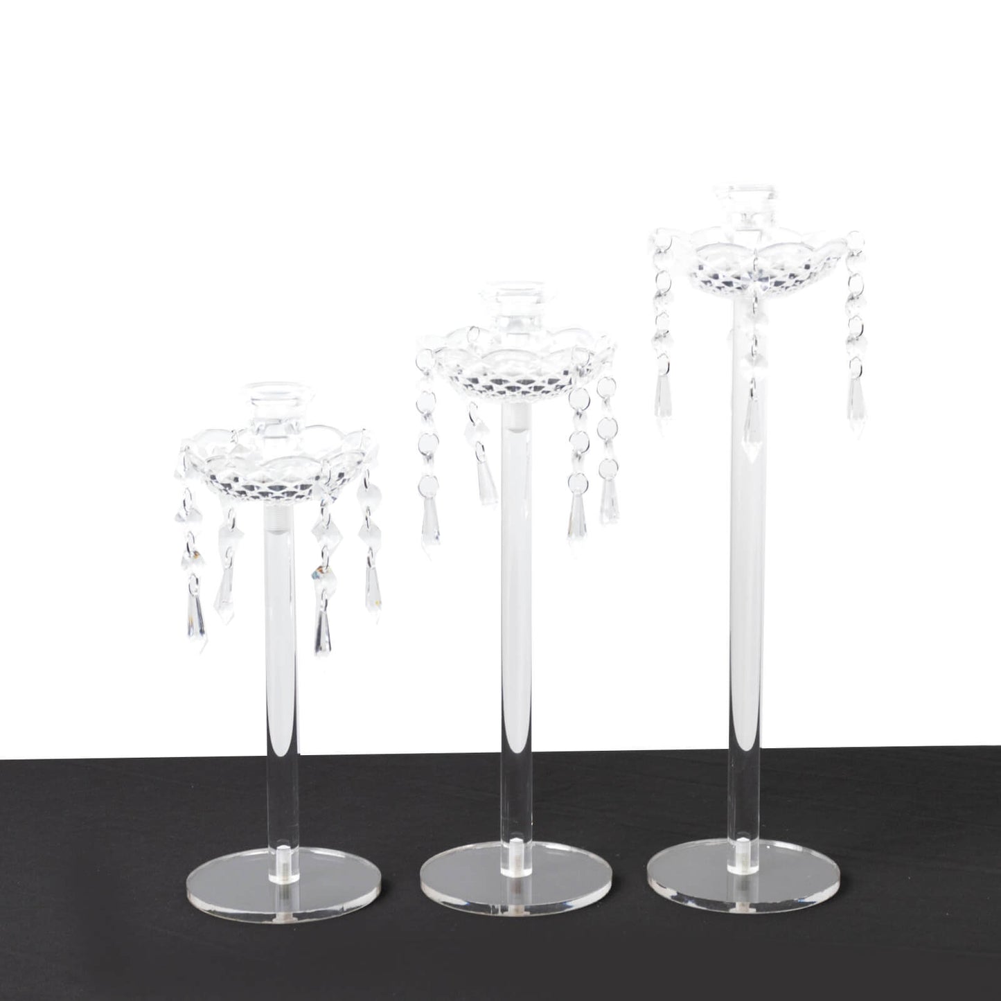 Set of 3 Acrylic Taper Candle Holders with Hanging Bead & Prism Accents â€“ Elegant Candlestick Stands - 11",13",15"