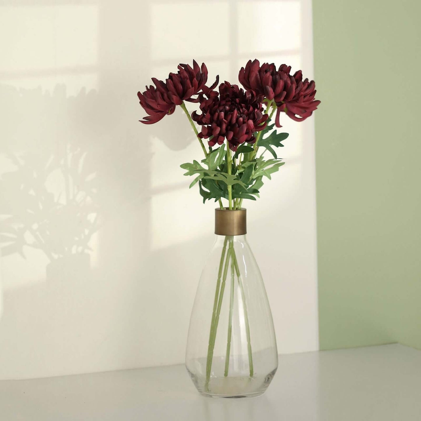 3 Stems Burgundy 27" Artificial Silk Chrysanthemum Bouquet Flowers, Large Faux Mum Branches