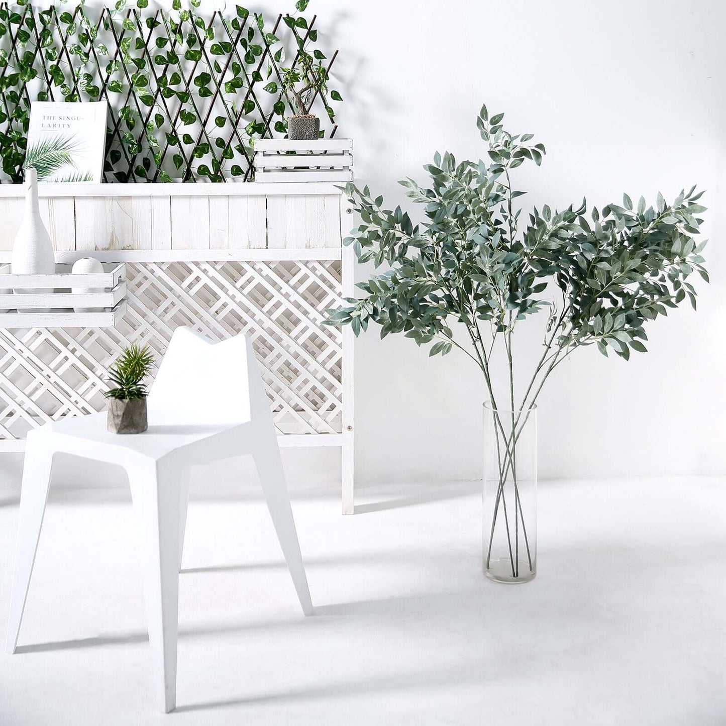 2 Bushes 42" Tall Frosted Green Artificial Silk Beech Leaf Branches, Faux Plant Stem Vase Fillers